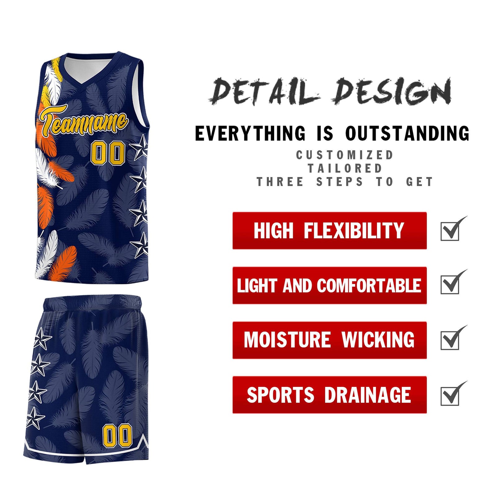 Custom Youth Basketball Jersey Navy Gold Feather Series Sports Uniform
