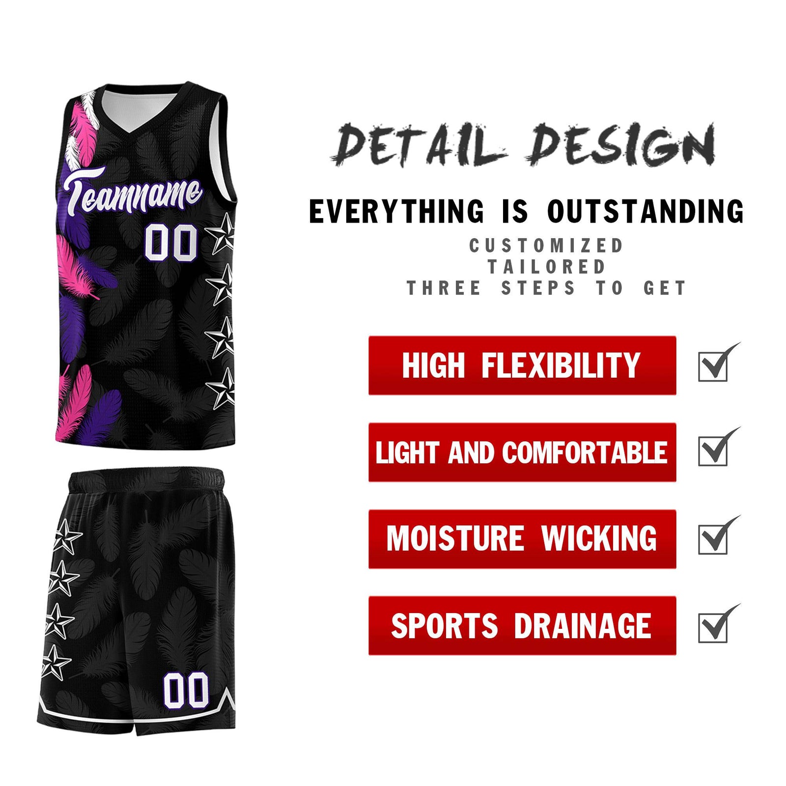 Custom Youth Basketball Jersey Black White Feather Series Sports Uniform