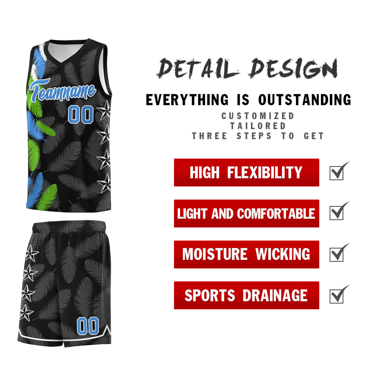 Custom Youth Basketball Jersey Black Powder Blue Feather Series Sports Uniform