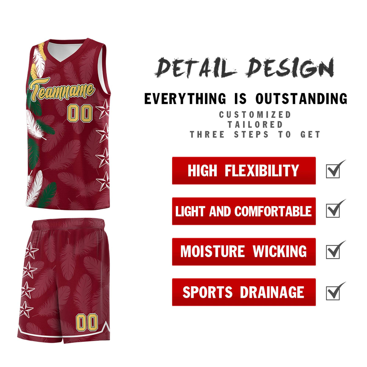 Custom Youth Basketball Jersey Crimson Old Gold Feather Series Sports Uniform