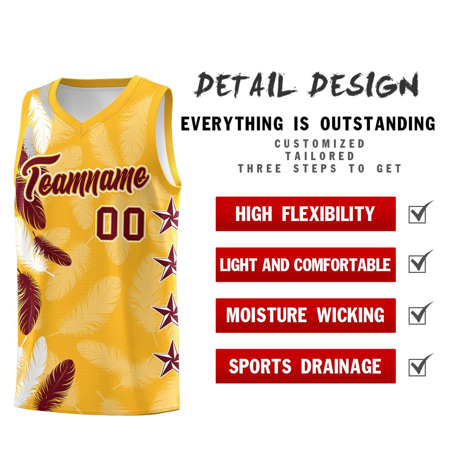 Custom Youth Basketball Jersey Gold Crimson Feather Series Sports Uniform