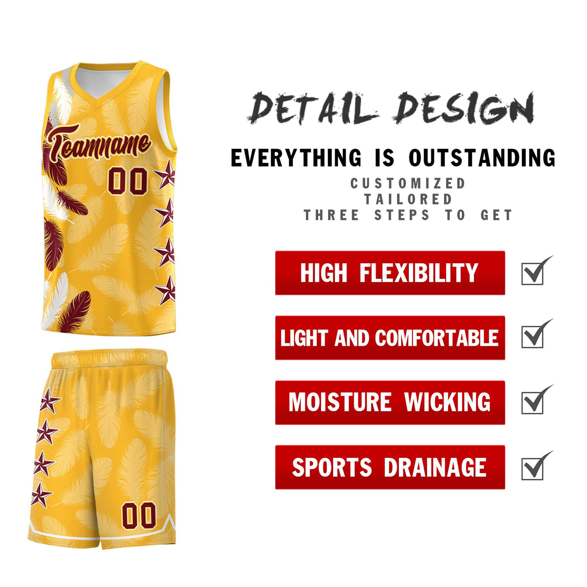 Custom Youth Basketball Jersey Gold Crimson Feather Series Sports Uniform