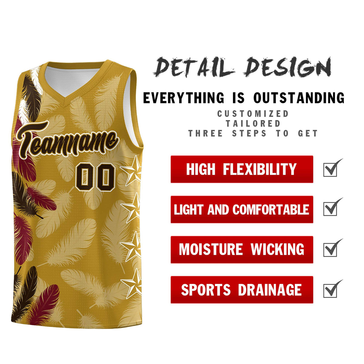 Custom Youth Basketball Jersey Old Gold Brown Feather Series Sports Uniform