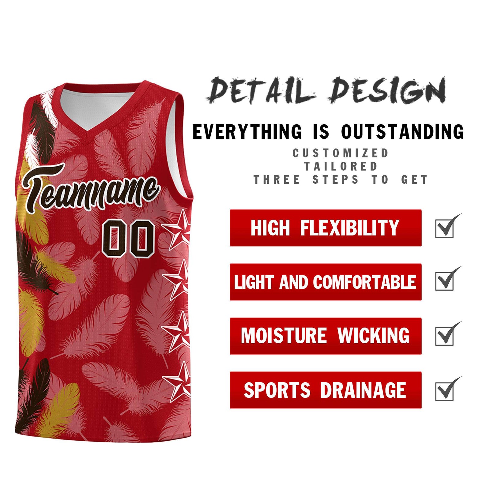 Custom Youth Basketball Jersey Red Brown Feather Series Sports Uniform