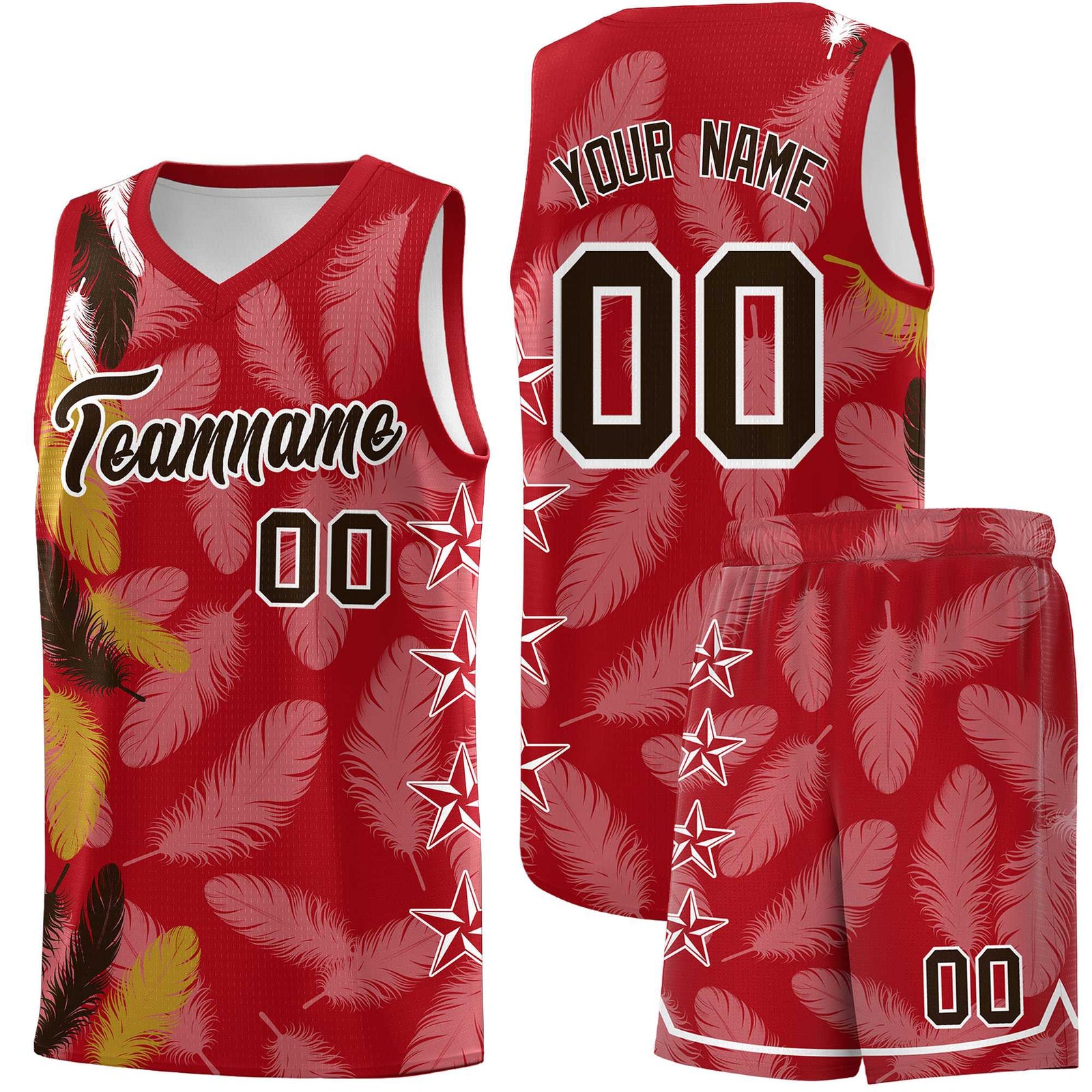 Custom Youth Basketball Jersey Red Brown Feather Series Sports Uniform
