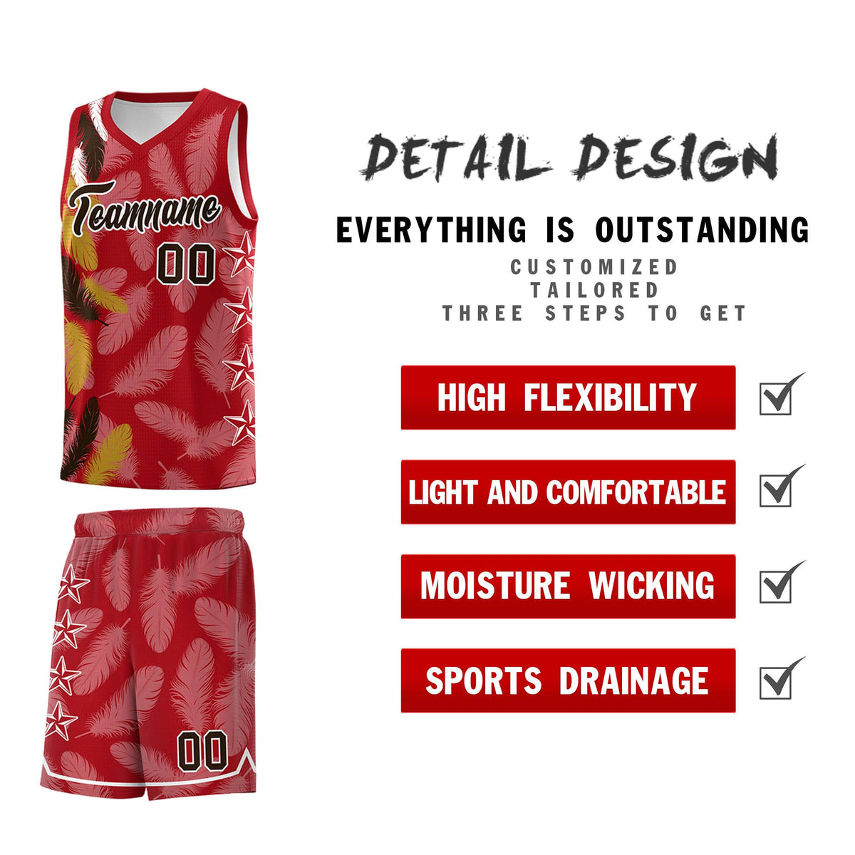 Custom Youth Basketball Jersey Red Brown Feather Series Sports Uniform