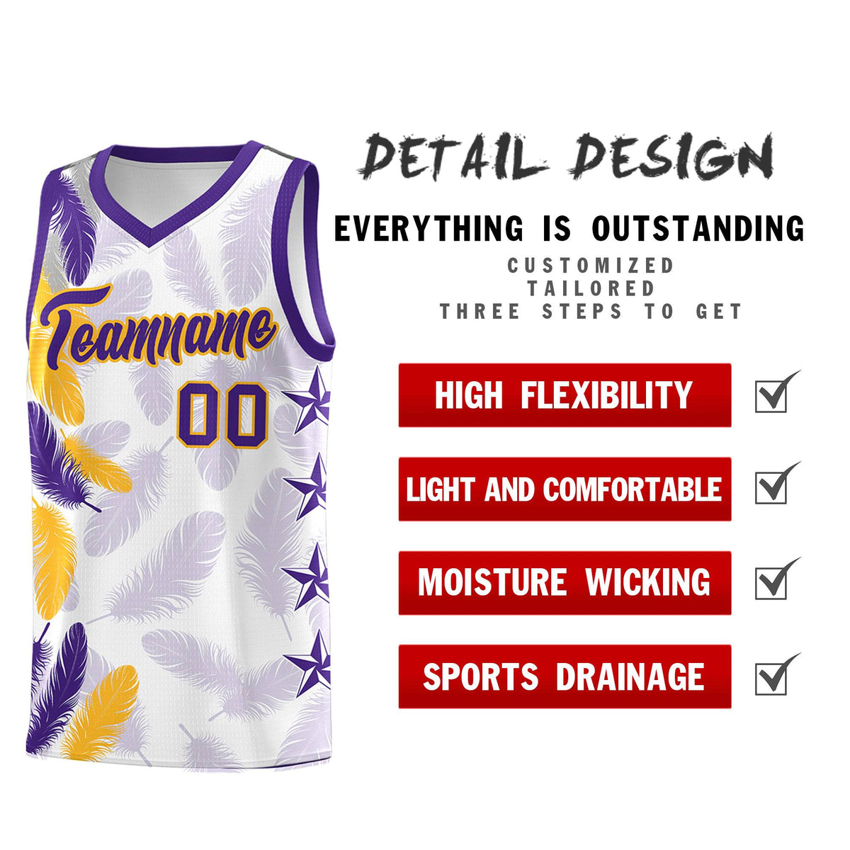Custom Youth Basketball Jersey White Purple Feather Series Sports Uniform