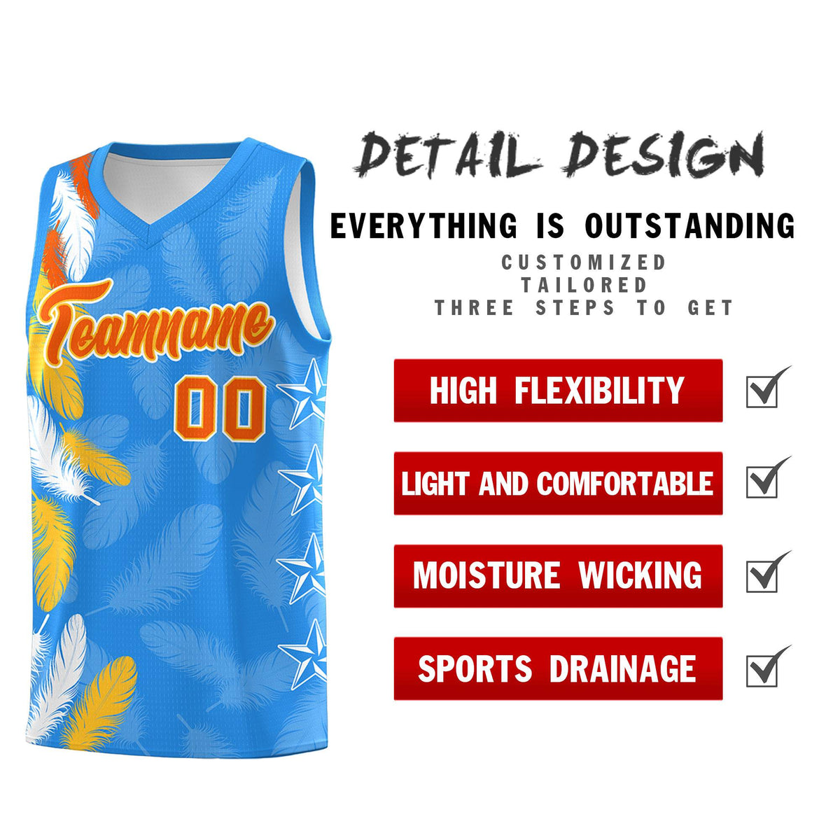 Custom Youth Basketball Jersey Powder Blue Orange Feather Series Sports Uniform