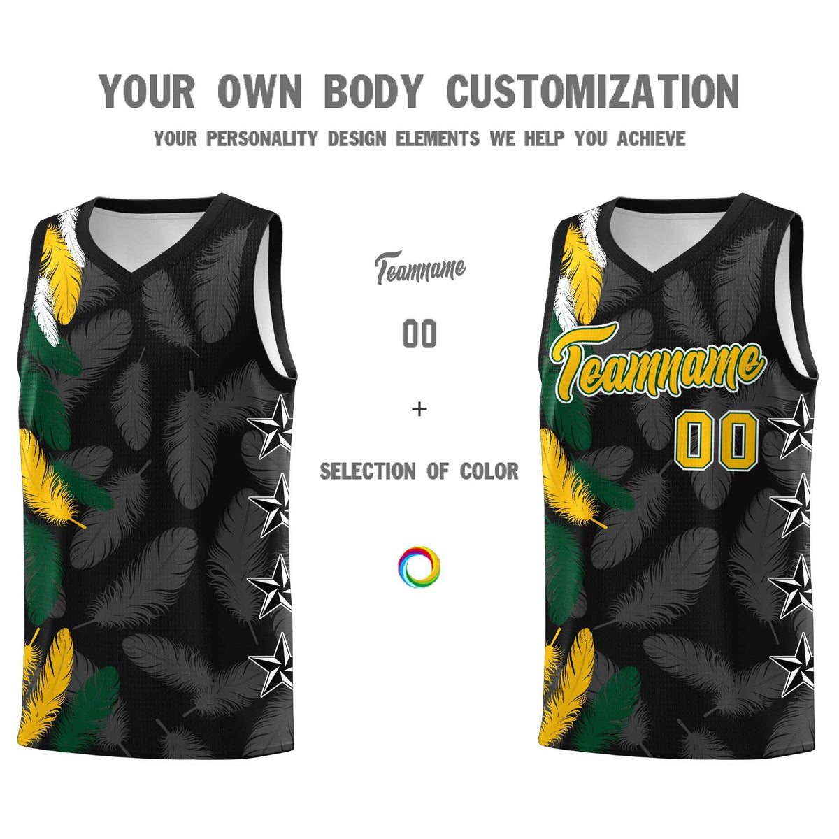 Custom Youth Basketball Jersey Black Gold Feather Series Sports Uniform