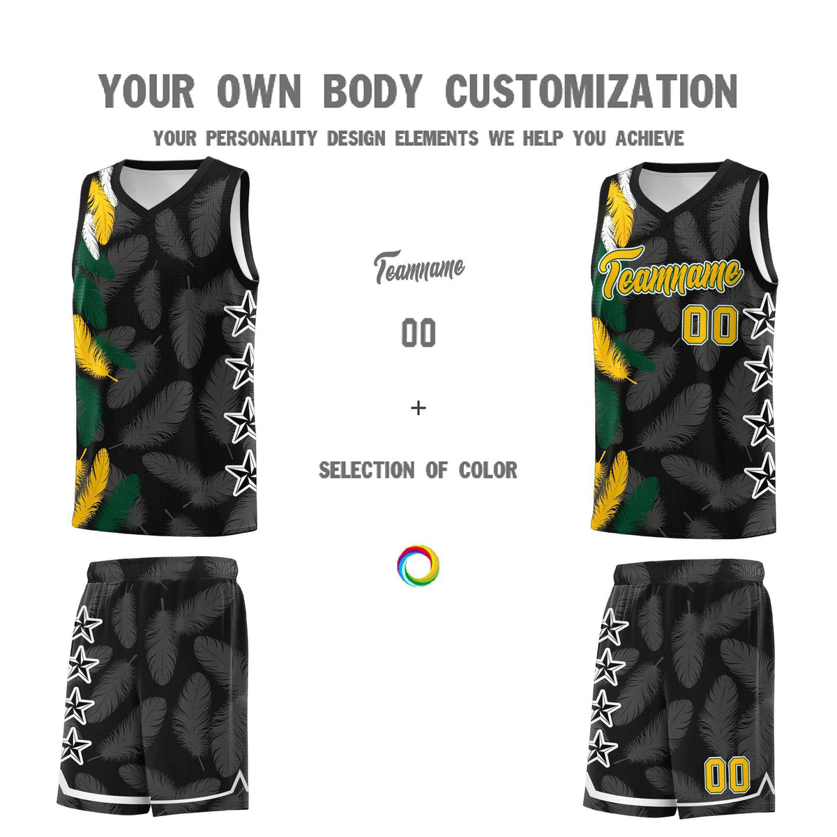 Custom Youth Basketball Jersey Black Gold Feather Series Sports Uniform