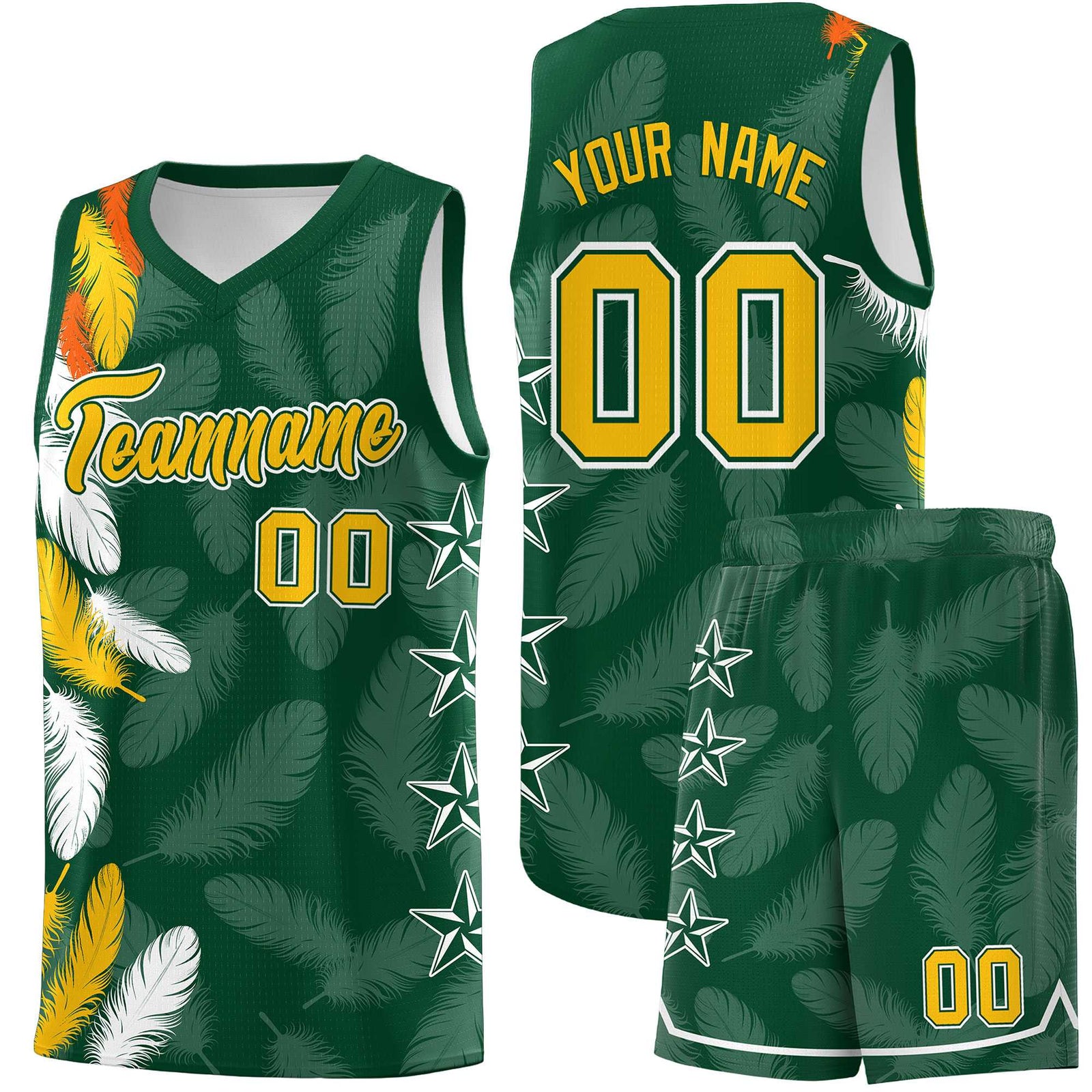 Custom Youth Basketball Jersey Green Gold Feather Series Sports Uniform