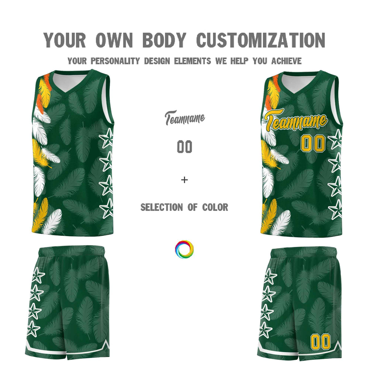 Custom Youth Basketball Jersey Green Gold Feather Series Sports Uniform