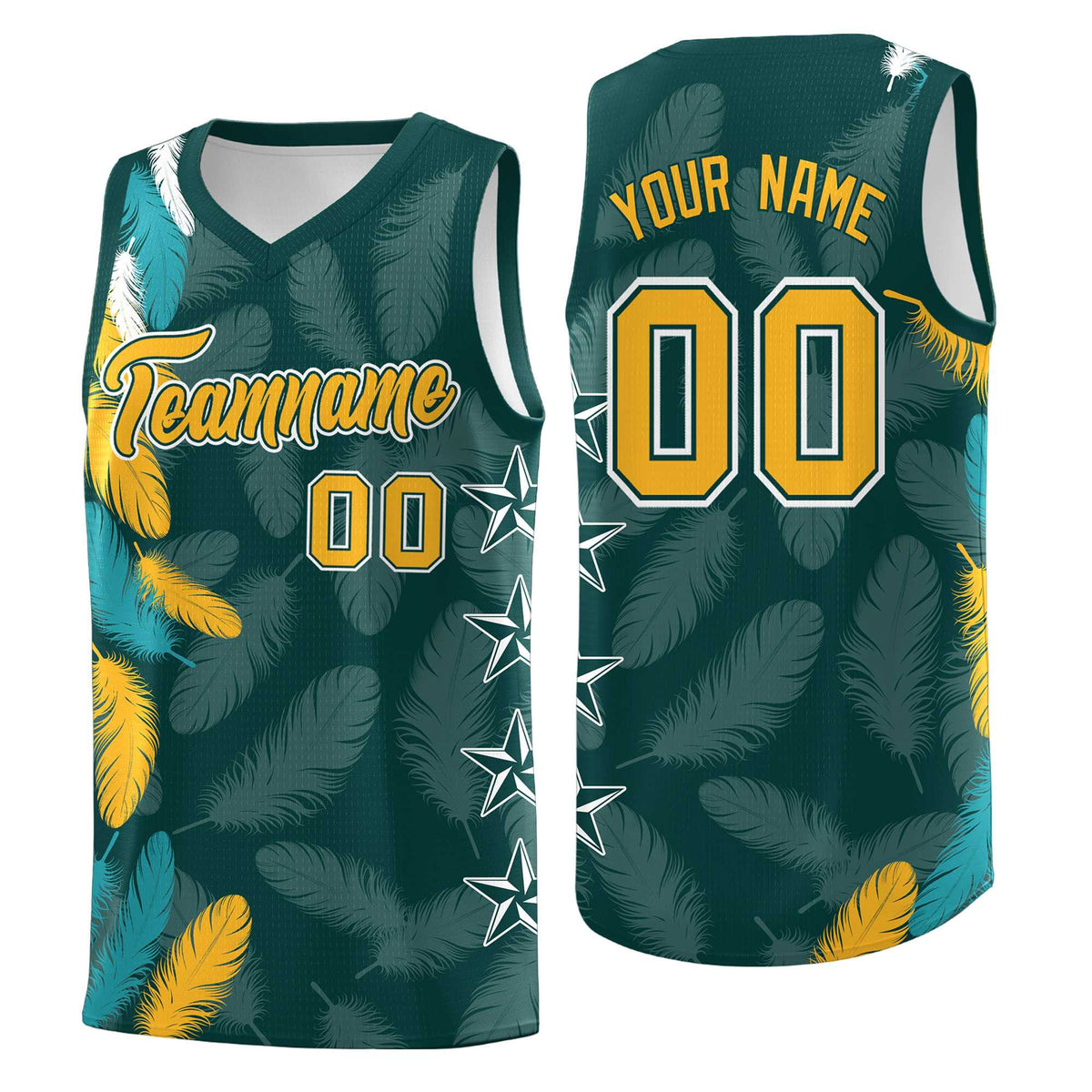 Custom Youth Basketball Jersey Midnight Green Gold Feather Series Sports Uniform