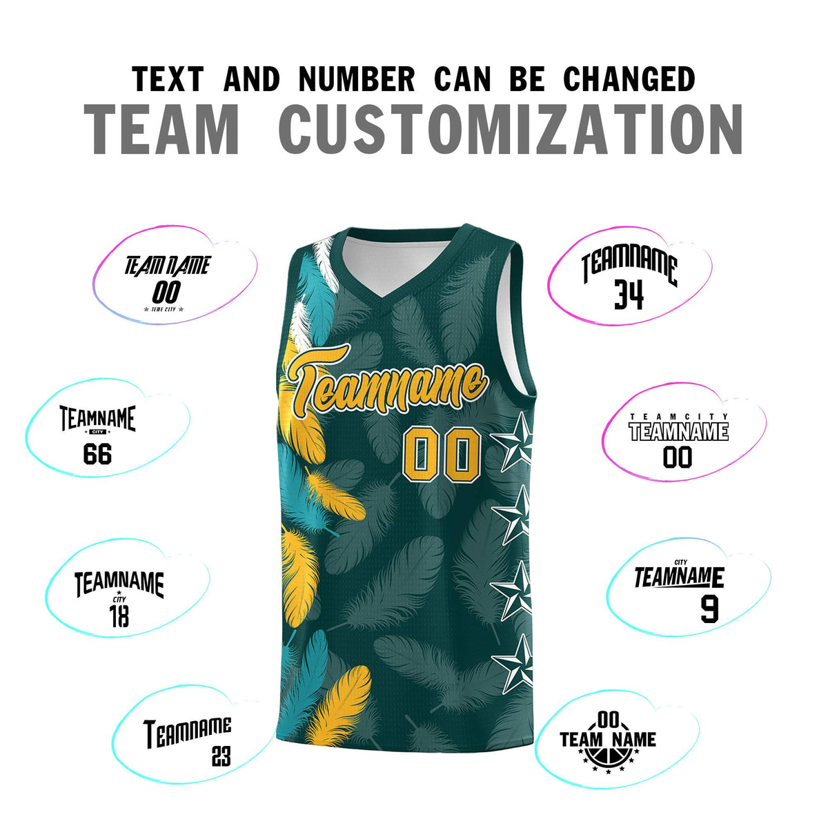 Custom Youth Basketball Jersey Midnight Green Gold Feather Series Sports Uniform
