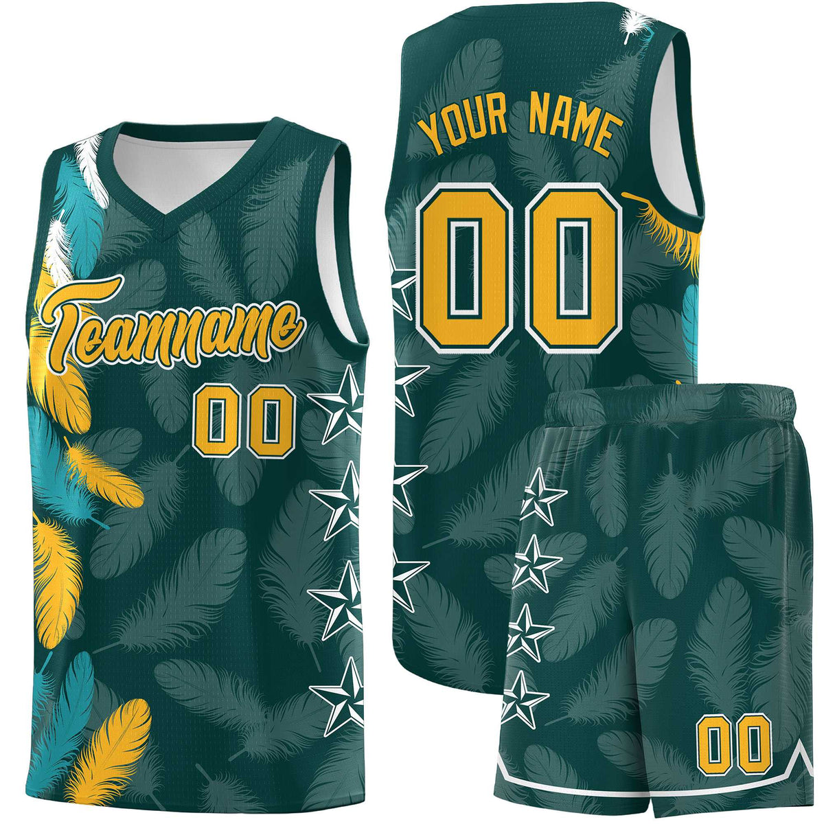 Custom Youth Basketball Jersey Midnight Green Gold Feather Series Sports Uniform
