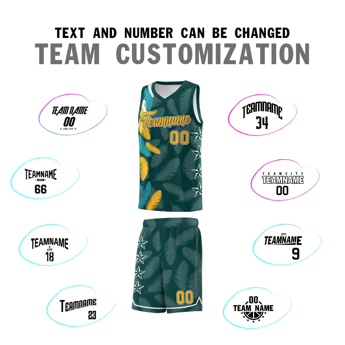 Custom Youth Basketball Jersey Midnight Green Gold Feather Series Sports Uniform