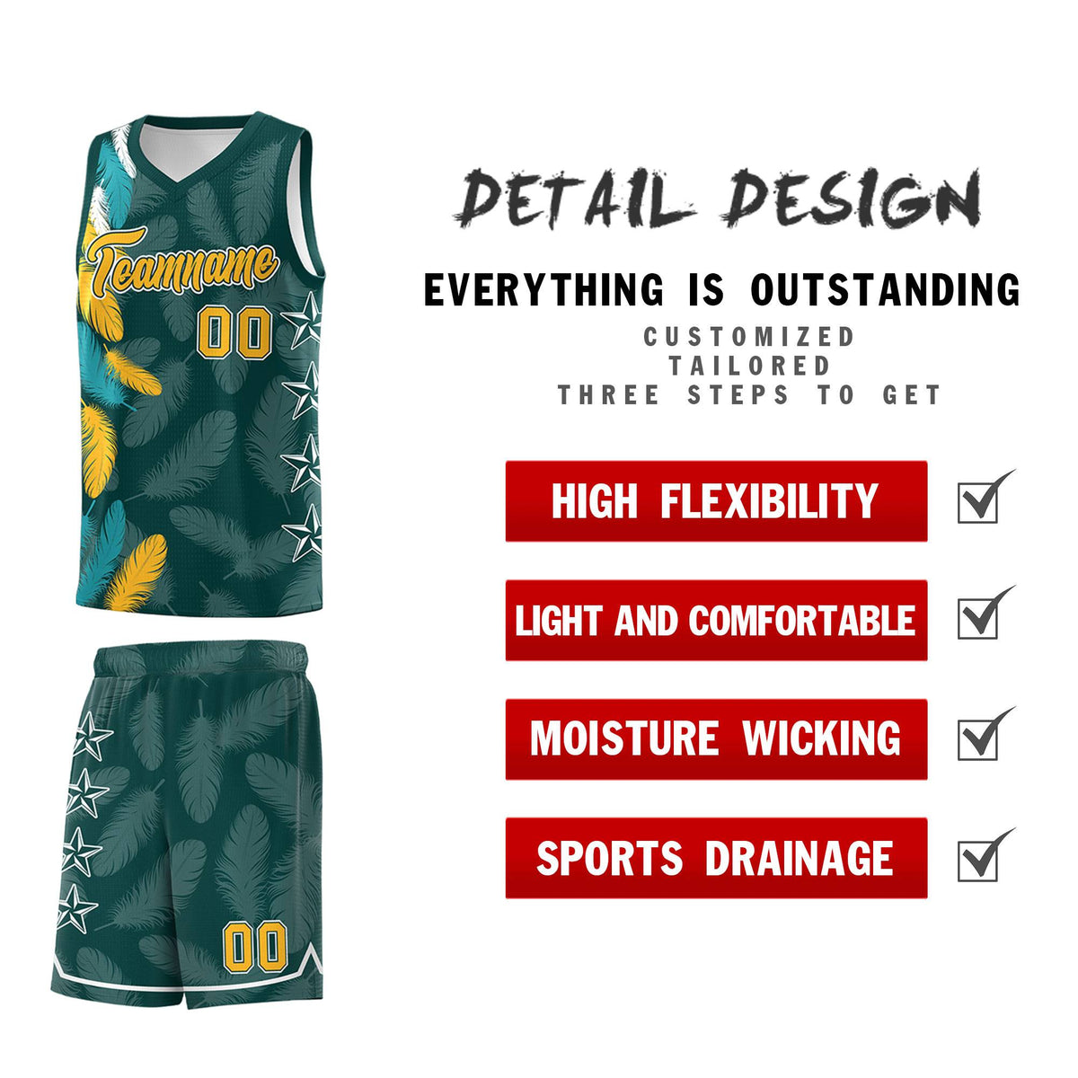 Custom Youth Basketball Jersey Midnight Green Gold Feather Series Sports Uniform