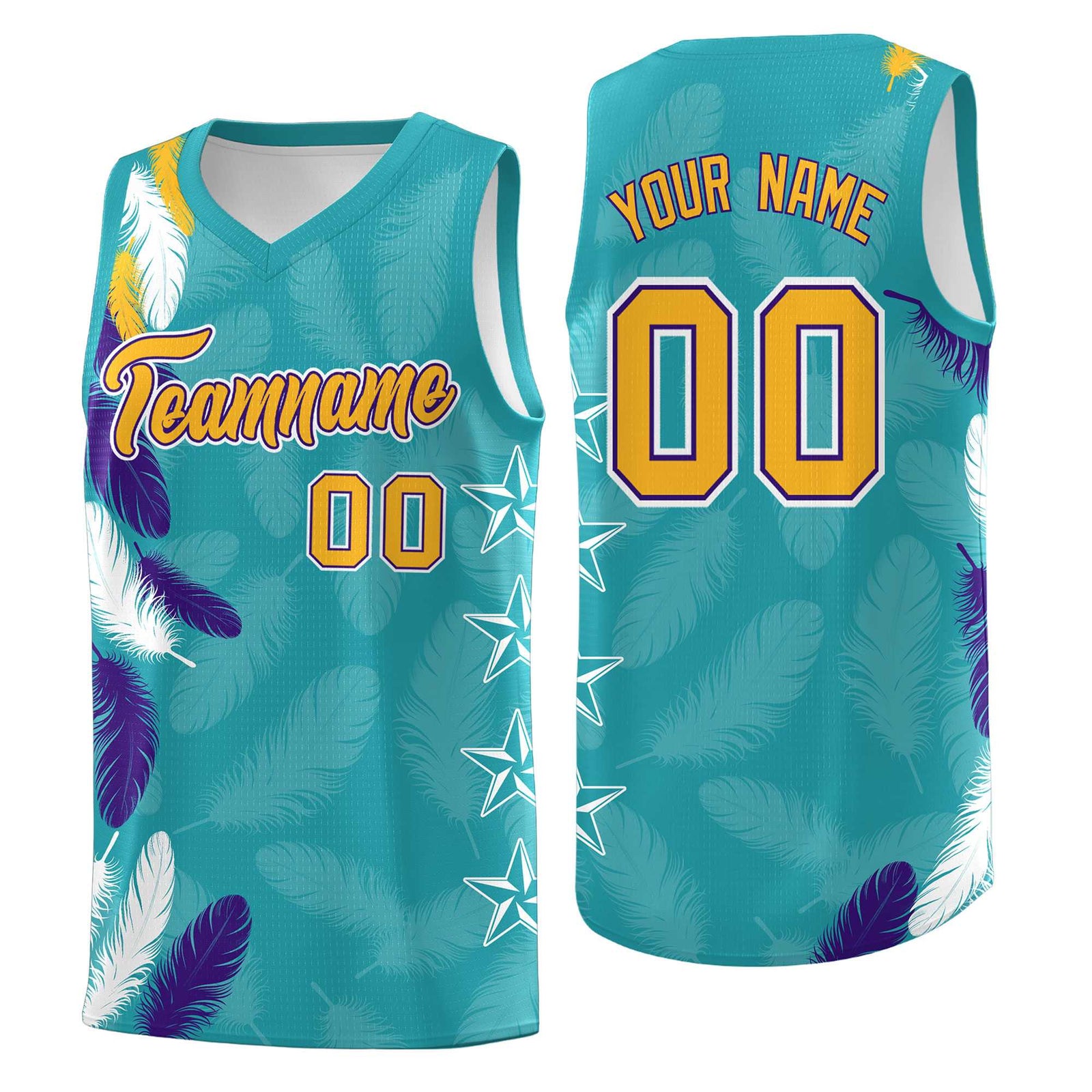 Custom Youth Basketball Jersey Aqua Gold Feather Series Sports Uniform