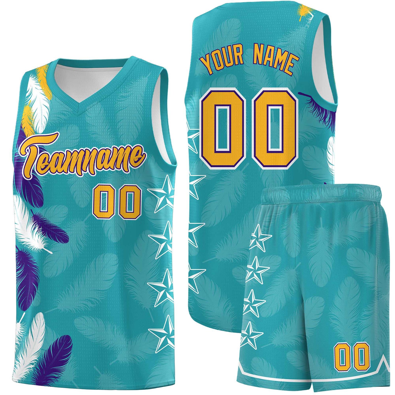 Custom Youth Basketball Jersey Aqua Gold Feather Series Sports Uniform