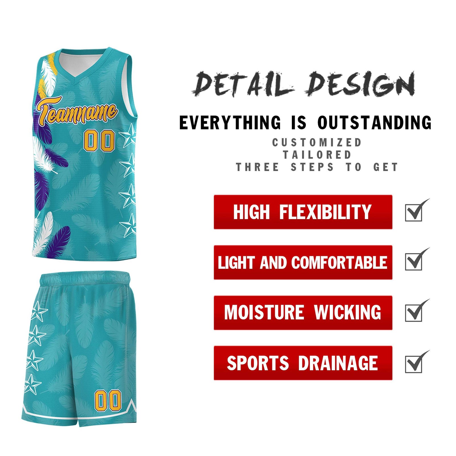 Custom Youth Basketball Jersey Aqua Gold Feather Series Sports Uniform