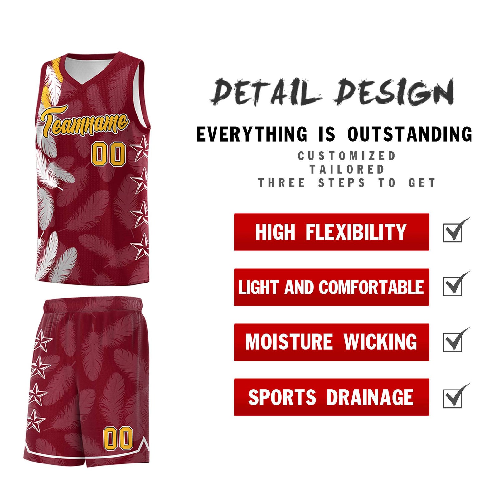 Custom Youth Basketball Jersey Crimson Gold Feather Series Sports Uniform