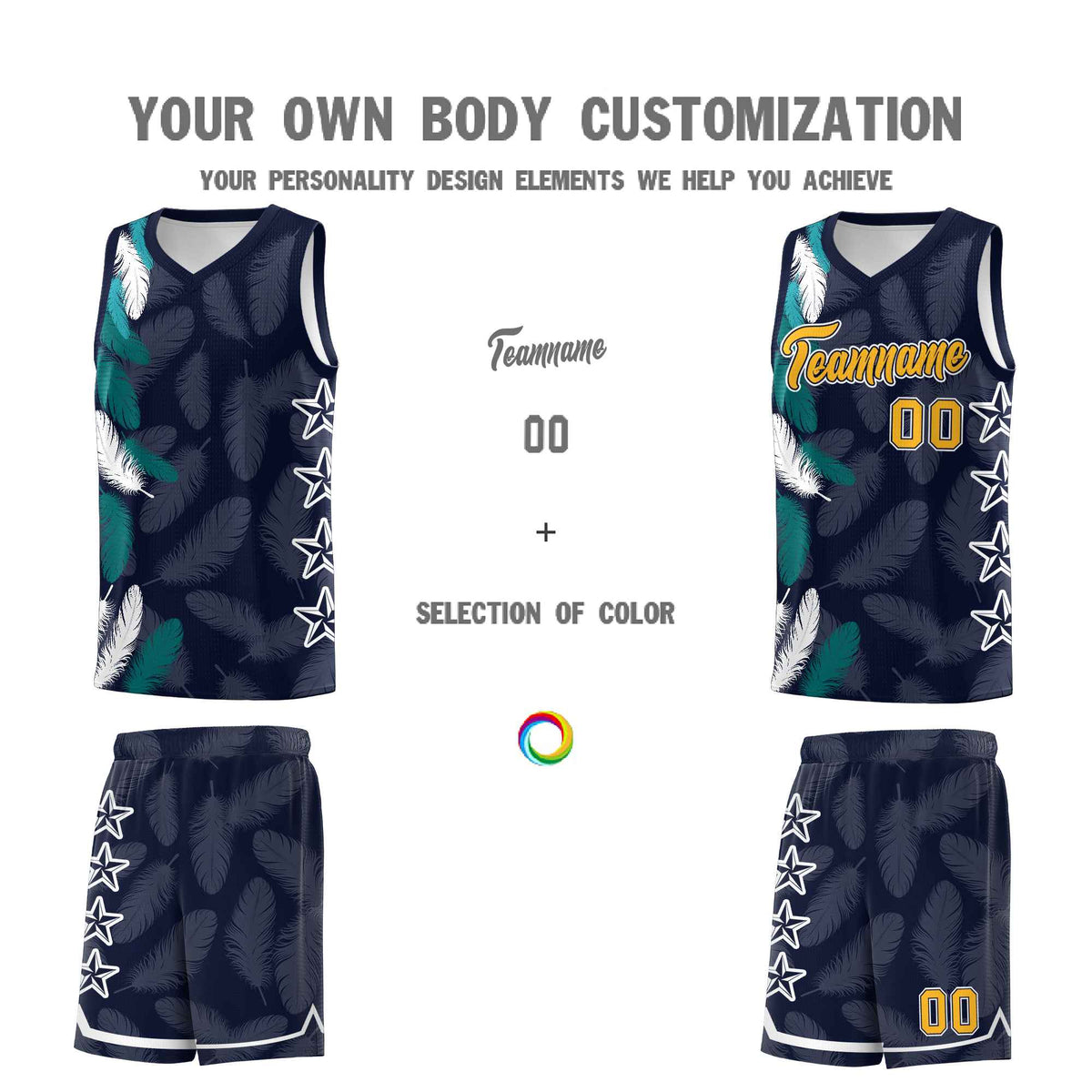 Custom Youth Basketball Jersey Navy Gold Feather Series Sports Uniform