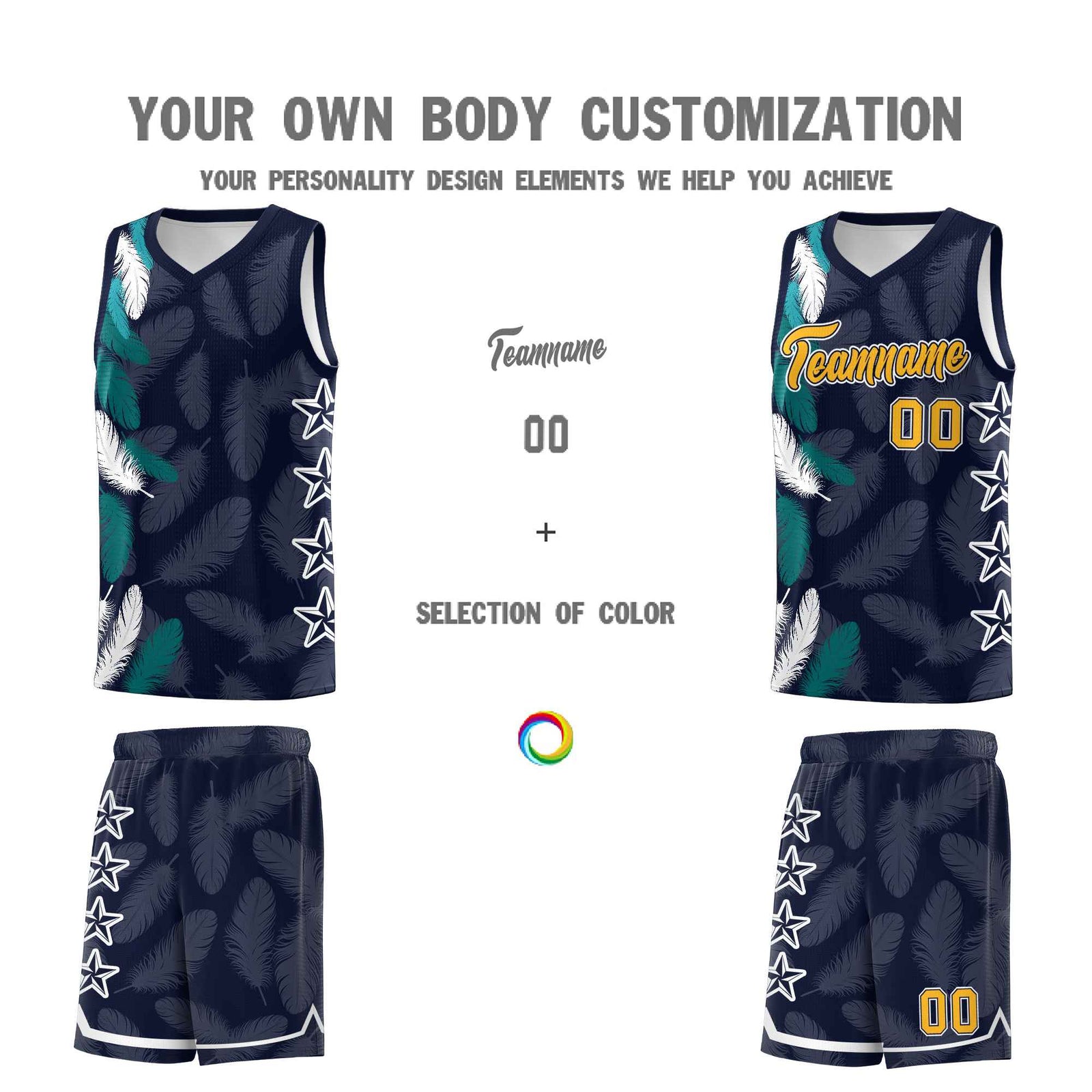 Custom Youth Basketball Jersey Navy Gold Feather Series Sports Uniform