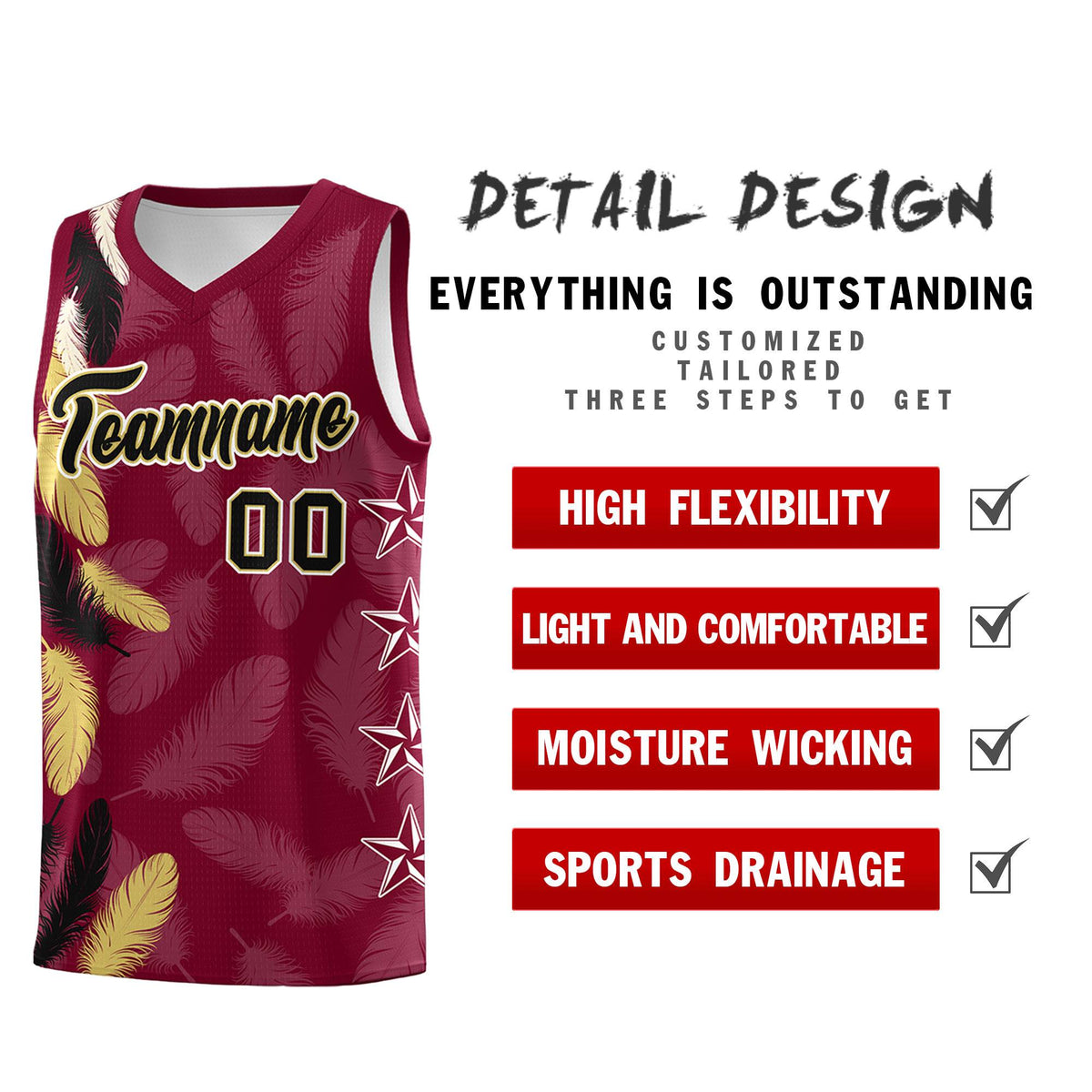 Custom Youth Basketball Jersey Crimson Black Feather Series Sports Uniform