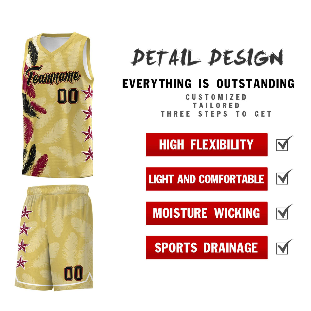 Custom Youth Basketball Jersey Old Gold Black Feather Series Sports Uniform