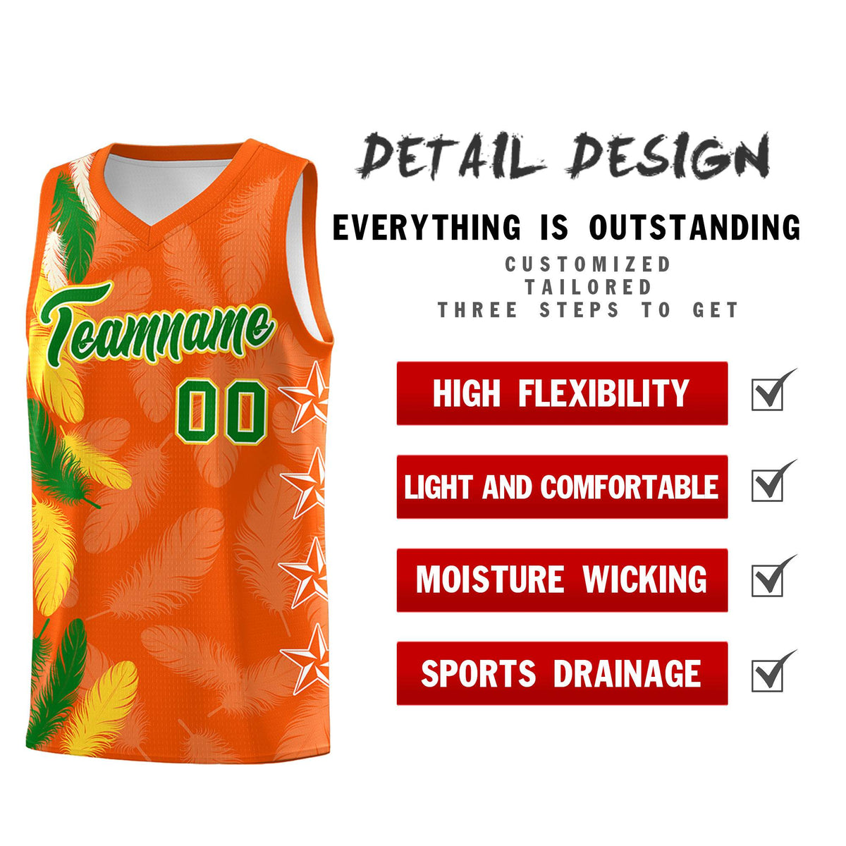 Custom Youth Basketball Jersey Orange Kelly Green Feather Series Sports Uniform