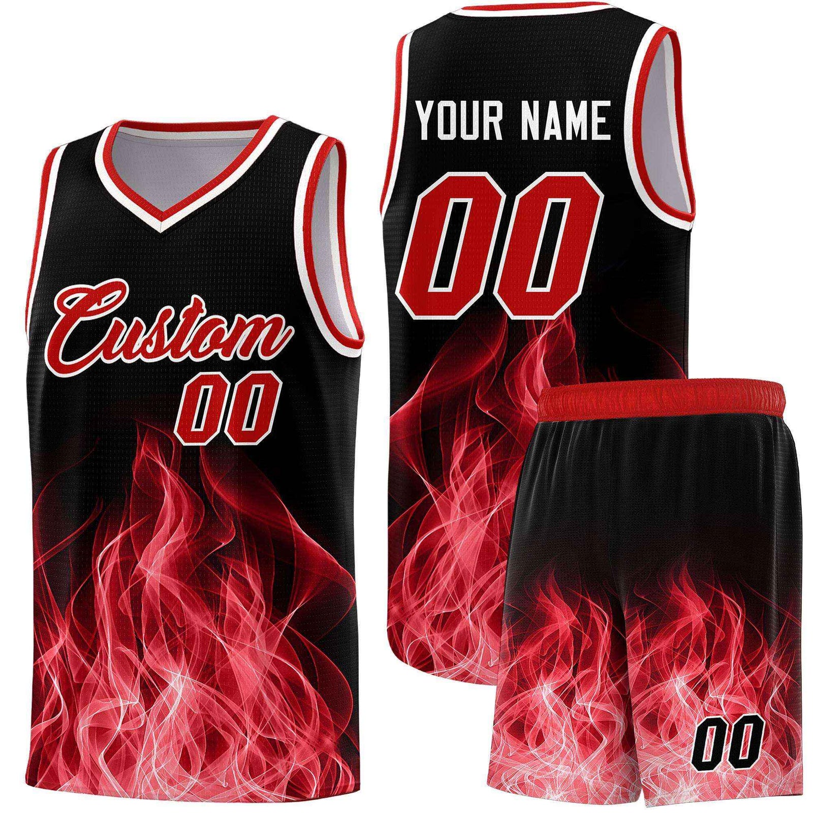 Custom Youth Basketball Jersey Black Red Flame Fire Design Personalized Team Uniform Set
