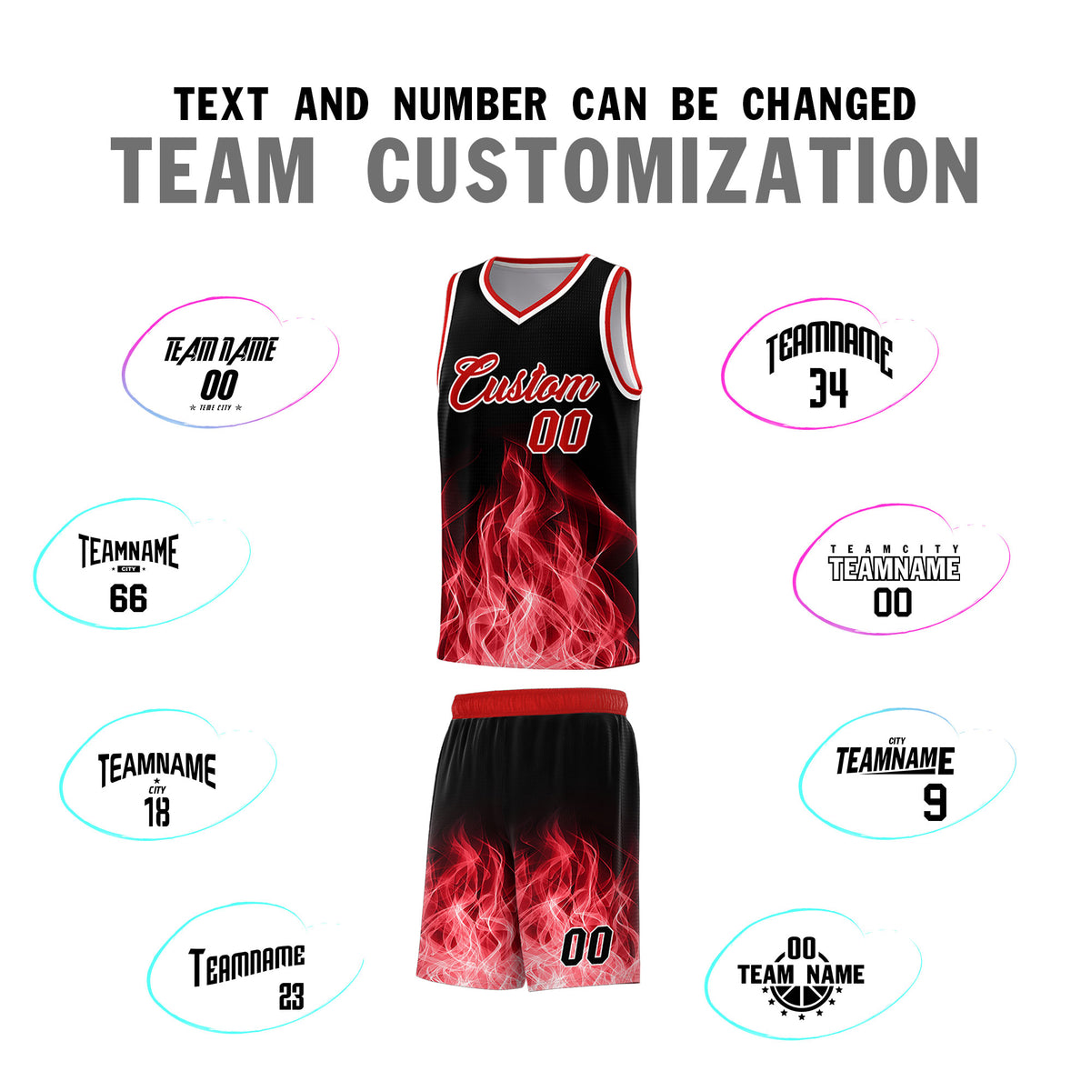 Custom Youth Basketball Jersey Black Red Flame Fire Design Personalized Team Uniform Set
