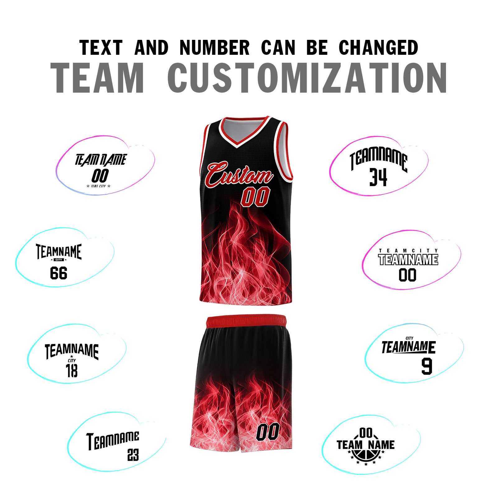 Custom Youth Basketball Jersey Black Red Flame Fire Design Personalized Team Uniform Set