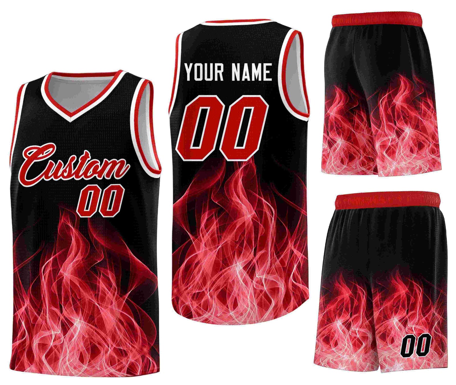 Custom Black Red Flame Graffiti Pattern Breathable Personalized Uniform Basketball Jersey