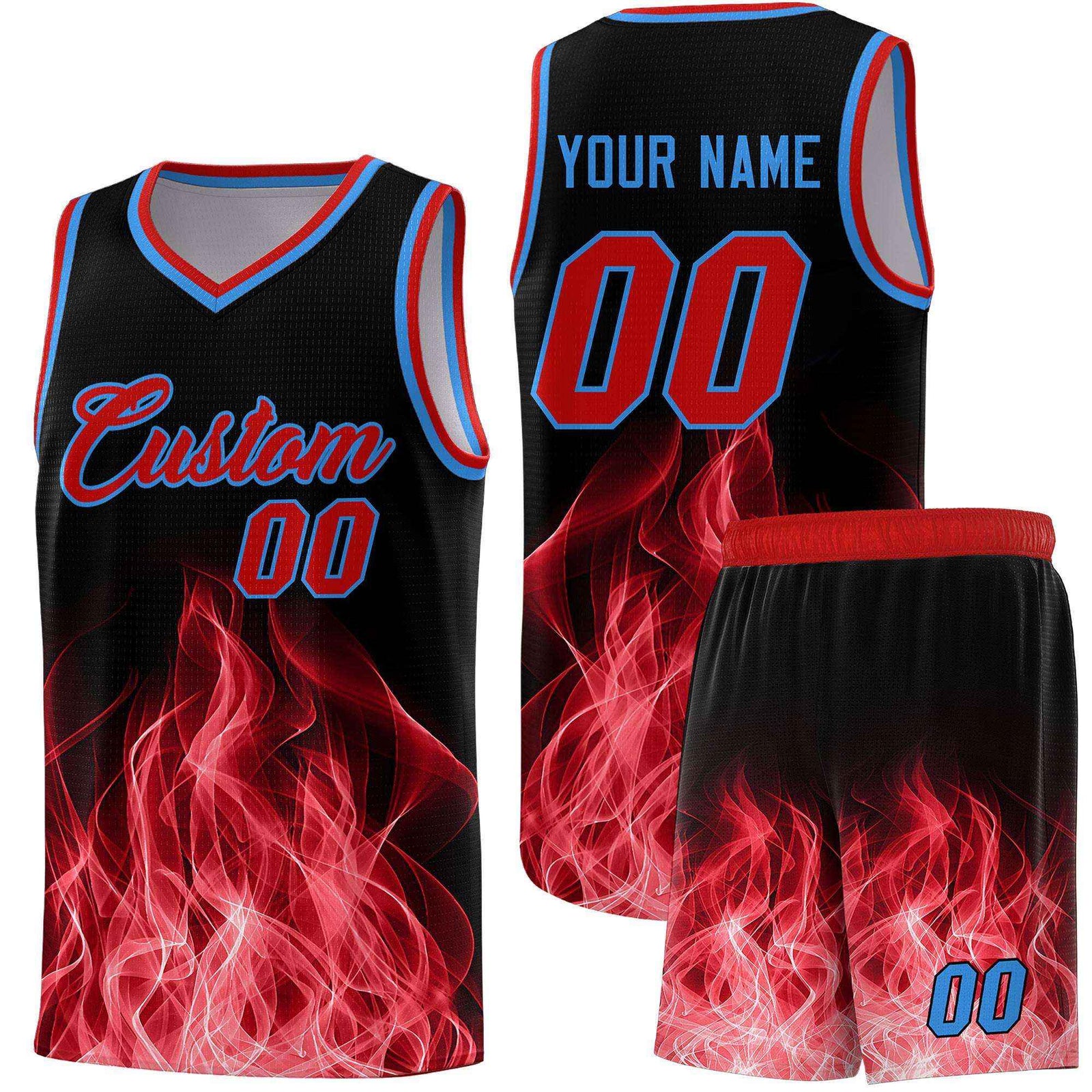 Custom Youth Basketball Jersey Black Red Flame Design Unique Team Uniform Set
