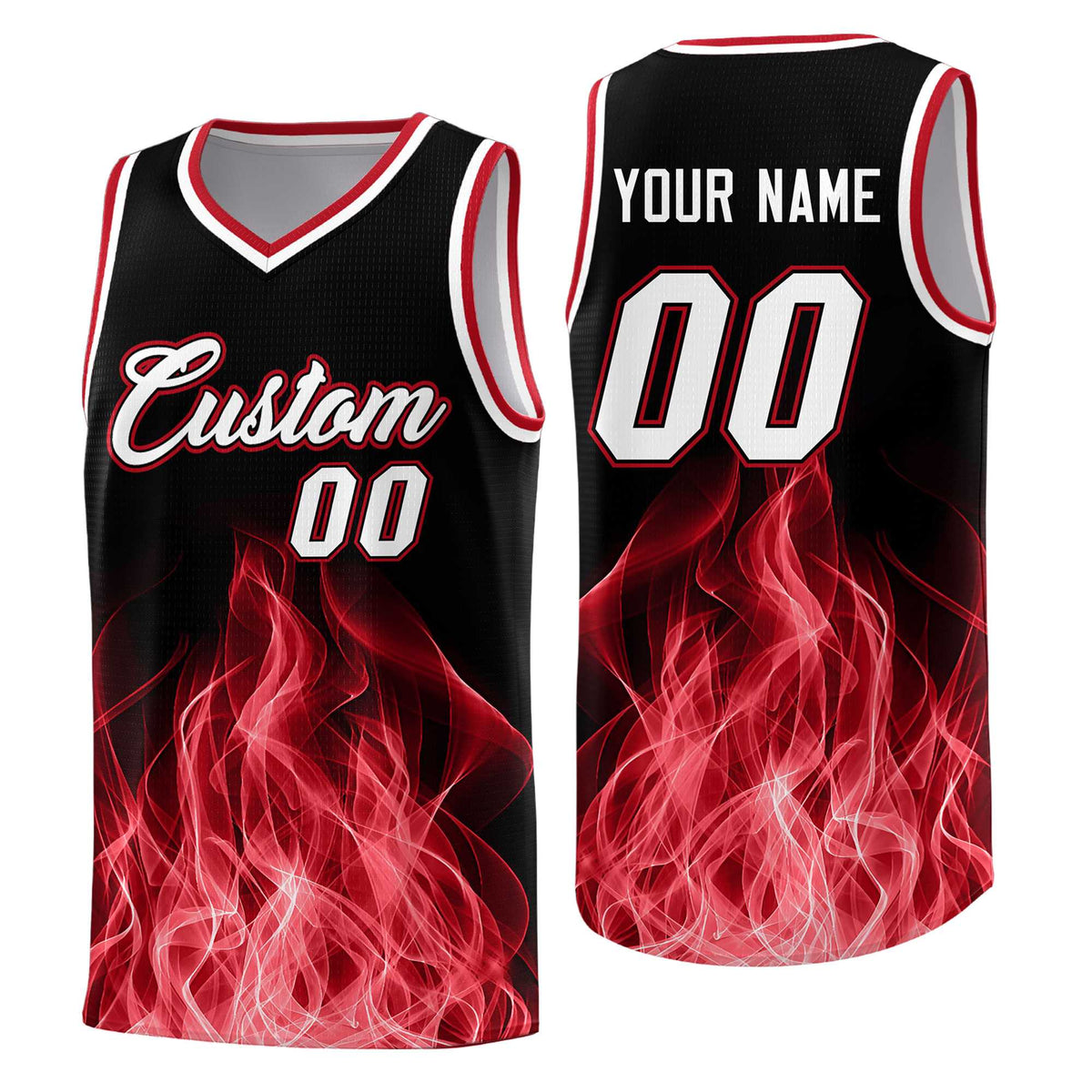 Custom Youth Basketball Jersey Black Red Flame Design Personalized Team Uniform Set