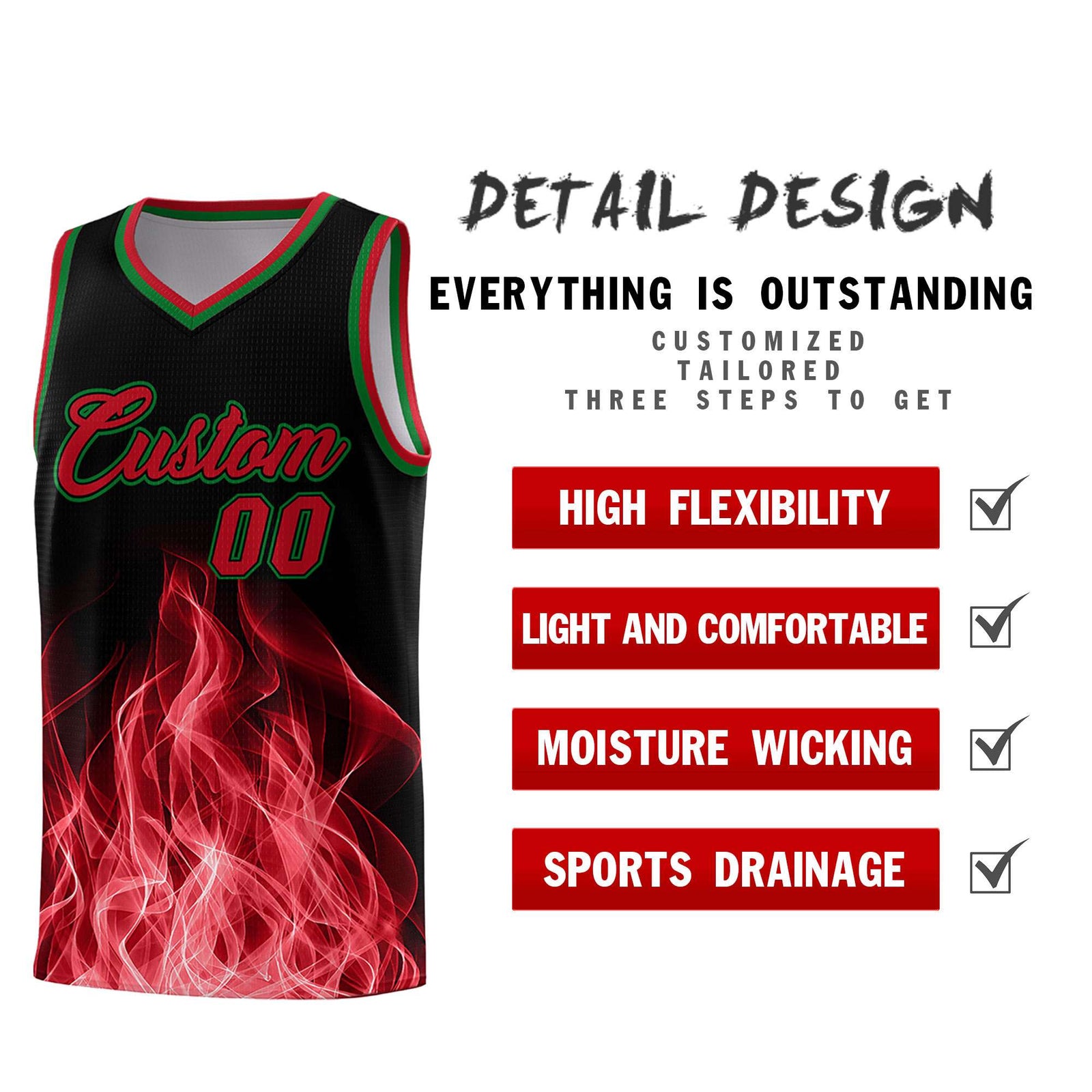 Custom Youth Basketball Jersey Black Red Flame Fire Design Personalized Team Uniform Set