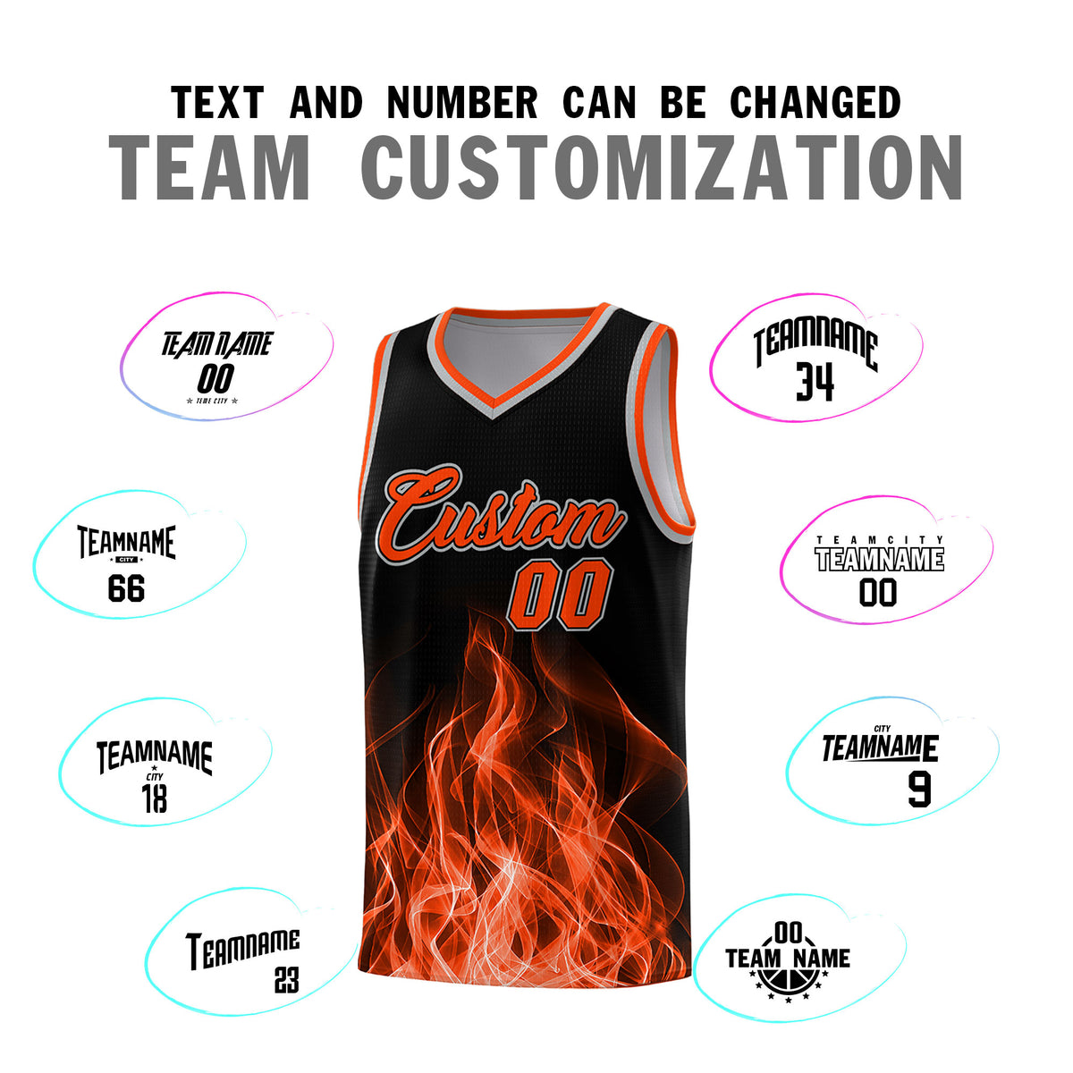 Custom Youth Basketball Jersey Black Orange Flame Design Unique Team Uniform Set
