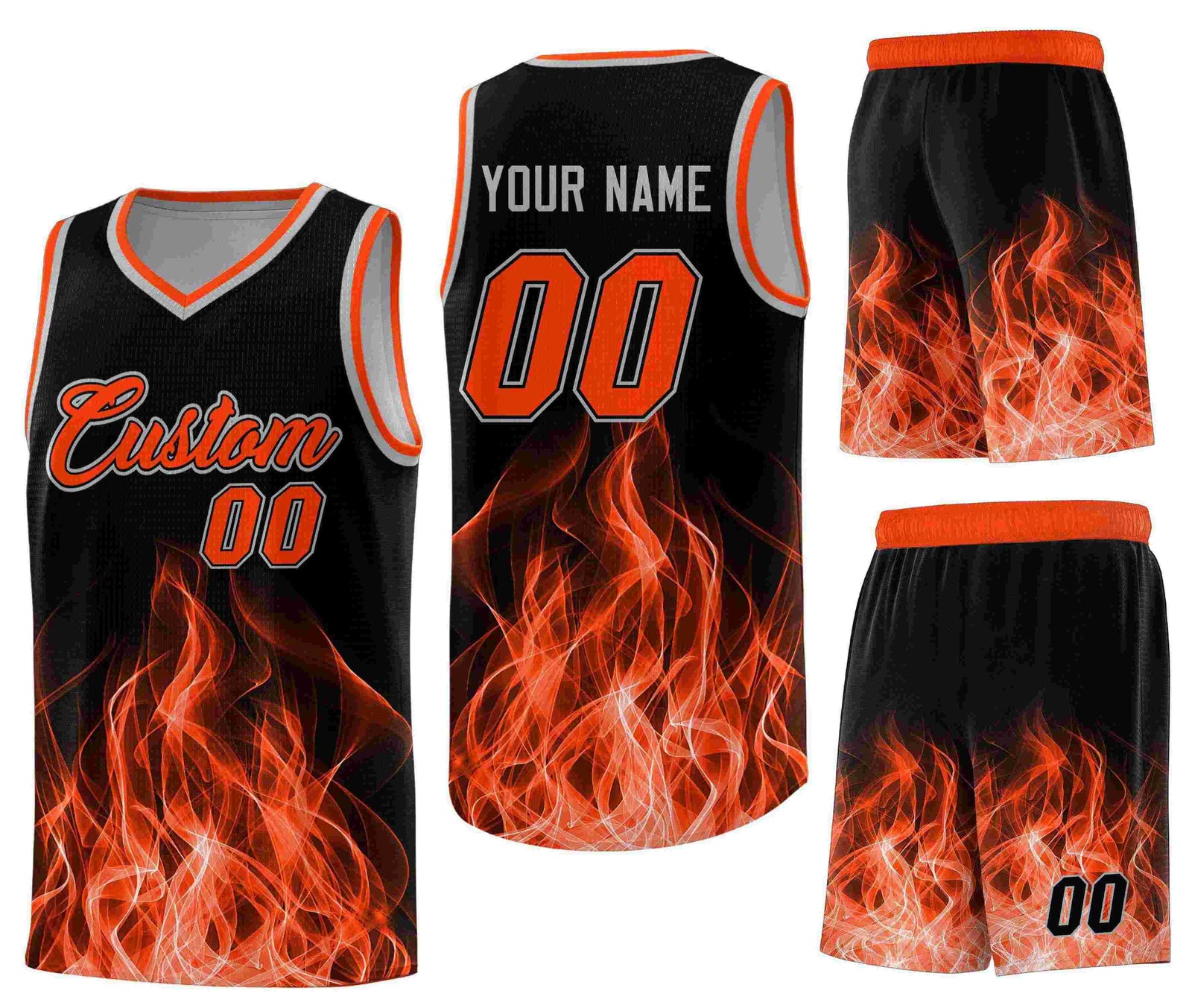 Custom Black Orange Flame Graffiti Pattern Drapable Personalized Uniform Basketball Jersey