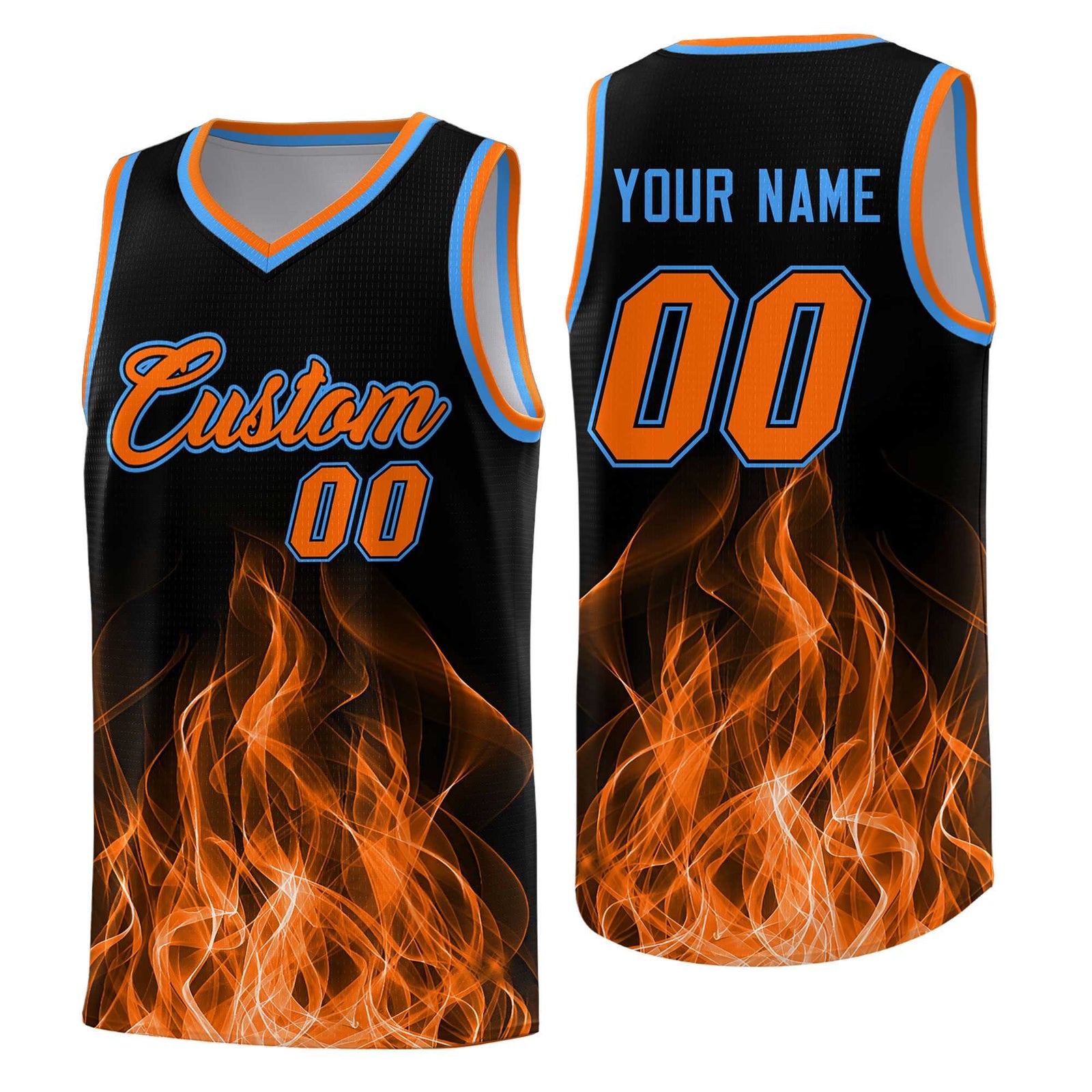 Custom Youth Basketball Jersey Black Orange Flame Design Personalized Team Uniform Set