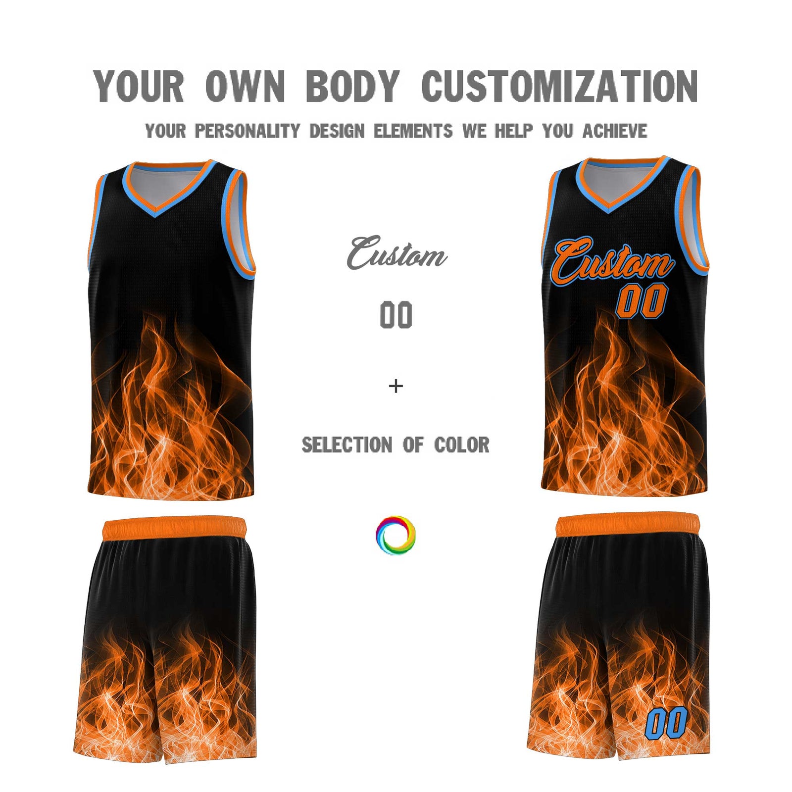 Custom Youth Basketball Jersey Black Orange Flame Design Personalized Team Uniform Set