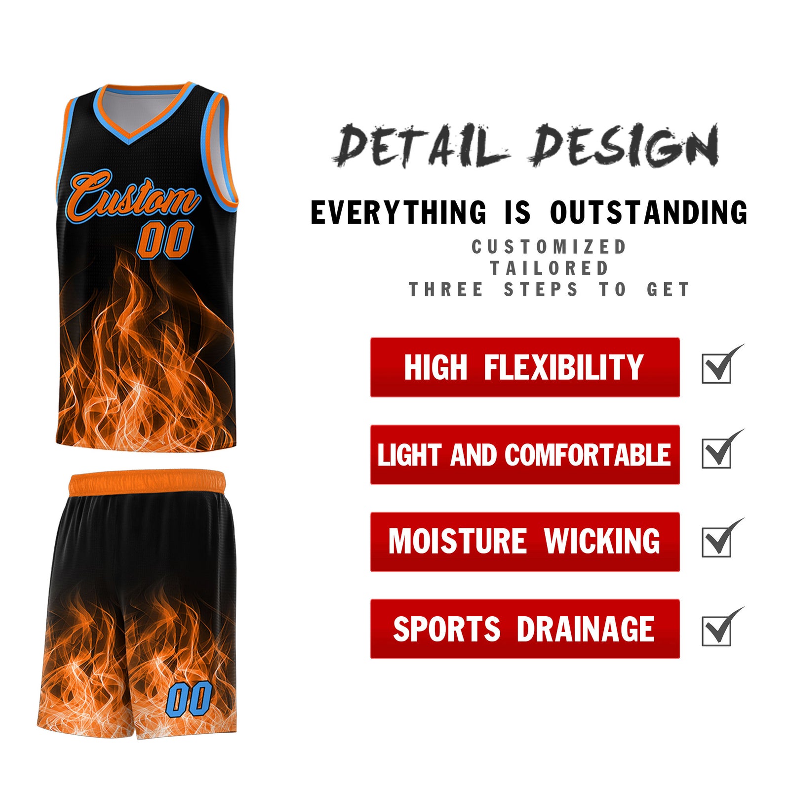 Custom Youth Basketball Jersey Black Orange Flame Design Personalized Team Uniform Set