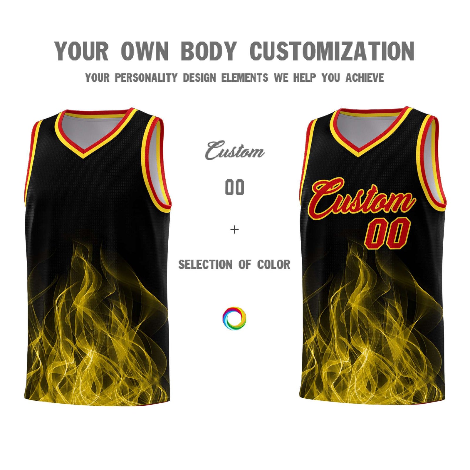Custom Youth Basketball Jersey Black Gold Flame Design Unique Team Uniform Set