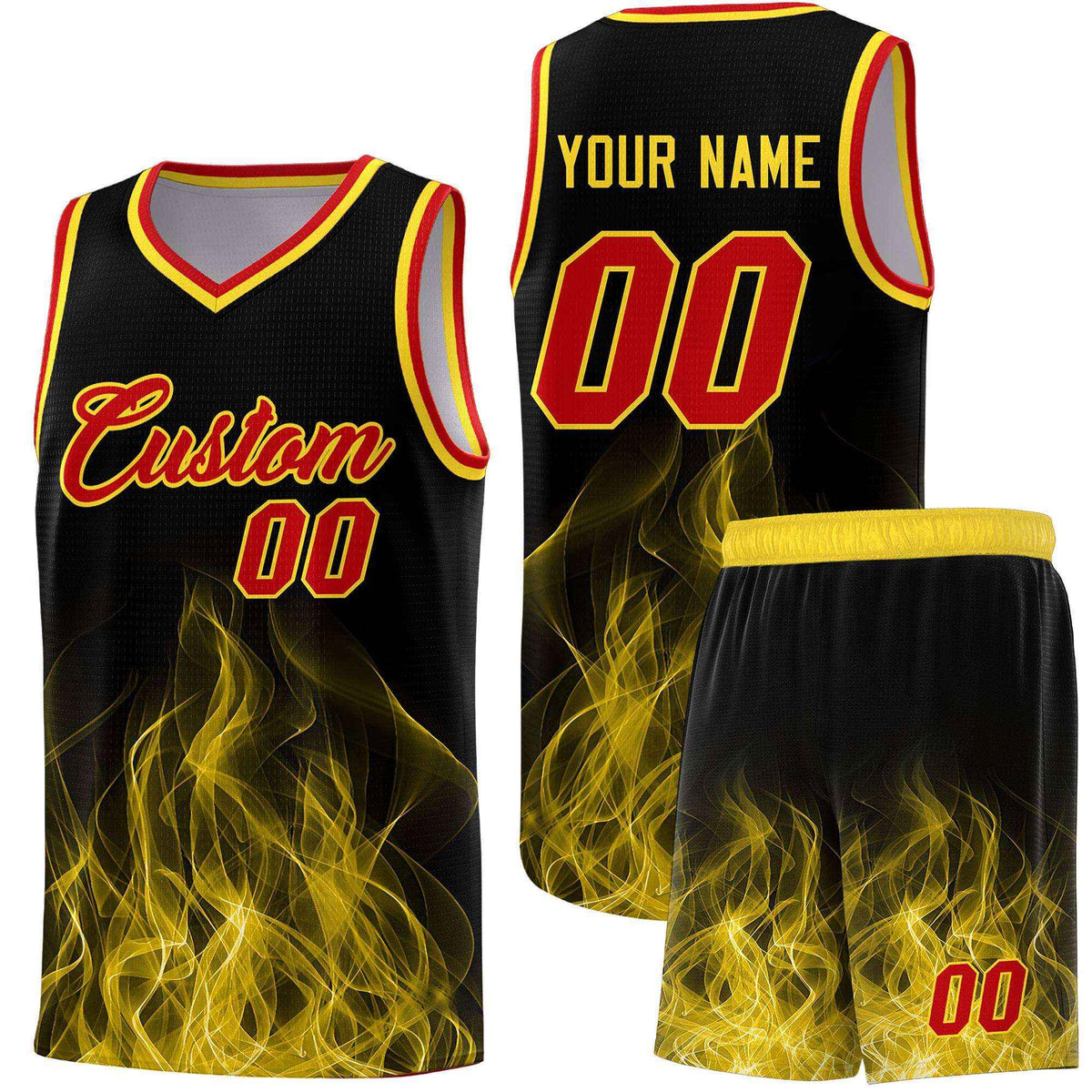 Custom Youth Basketball Jersey Black Gold Flame Design Unique Team Uniform Set