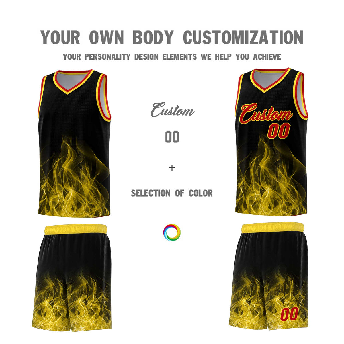 Custom Youth Basketball Jersey Black Gold Flame Design Unique Team Uniform Set