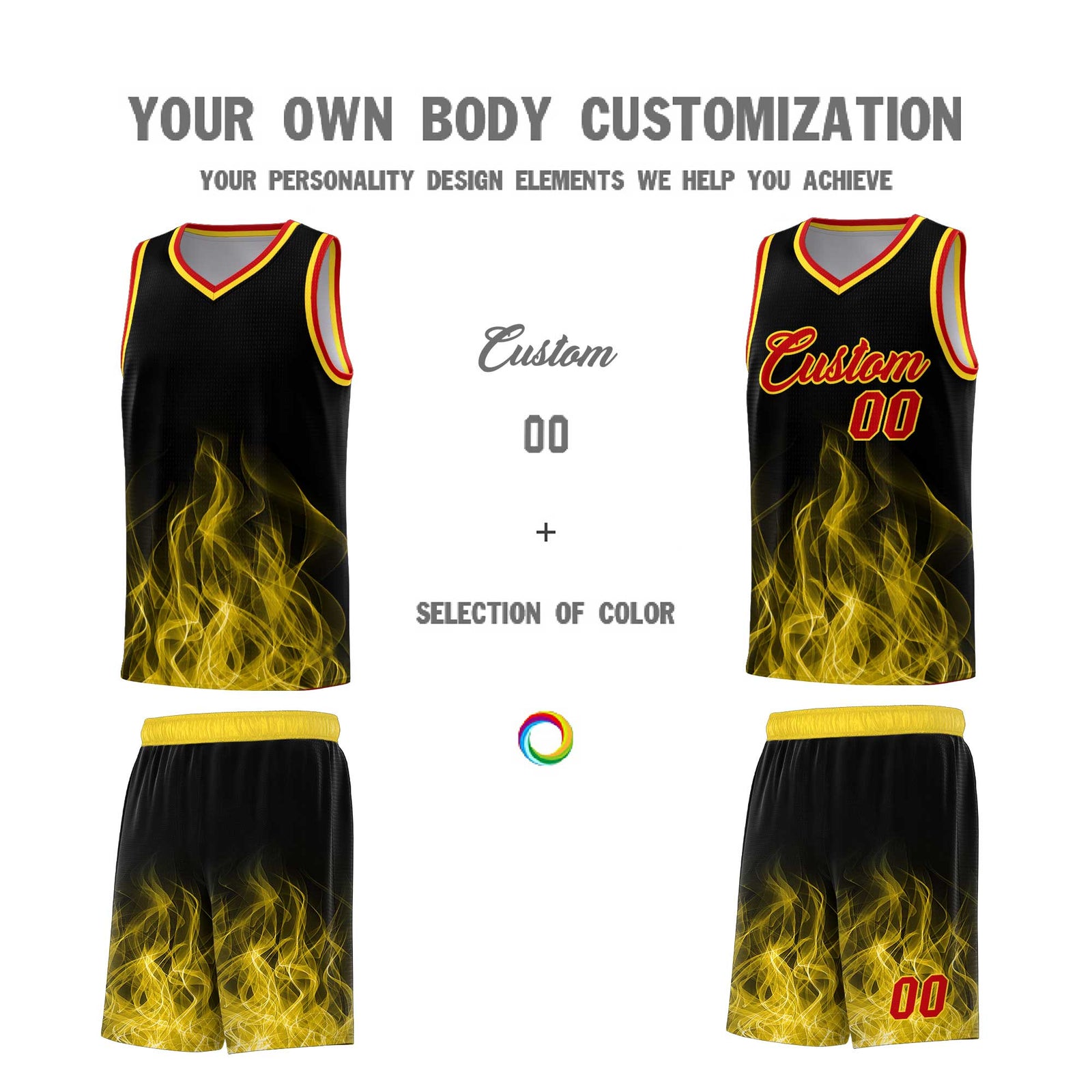 Custom Youth Basketball Jersey Black Gold Flame Design Unique Team Uniform Set