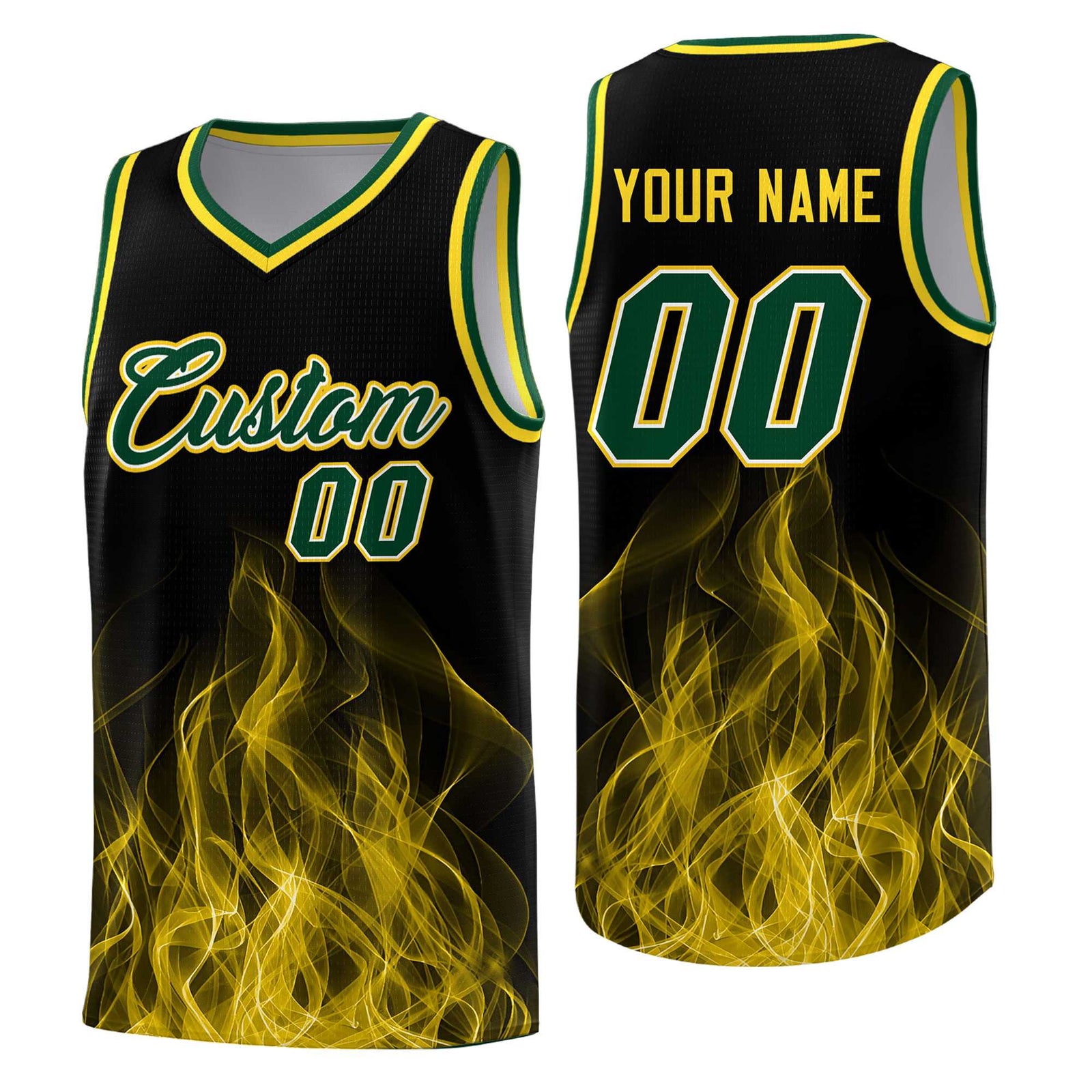 Custom Youth Basketball Jersey Black Gold Flame Design Personalized Team Uniform Set