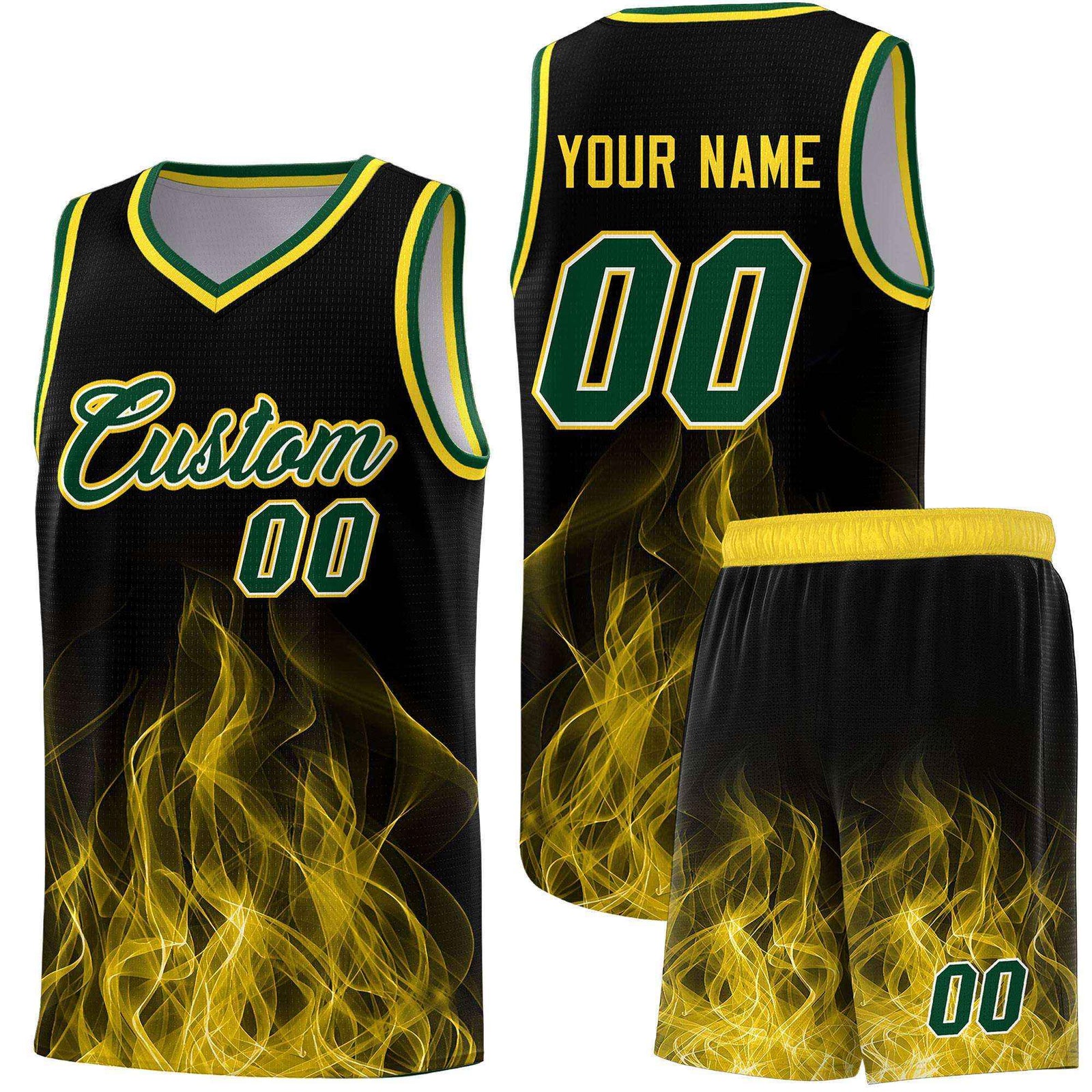 Custom Youth Basketball Jersey Black Gold Flame Design Personalized Team Uniform Set