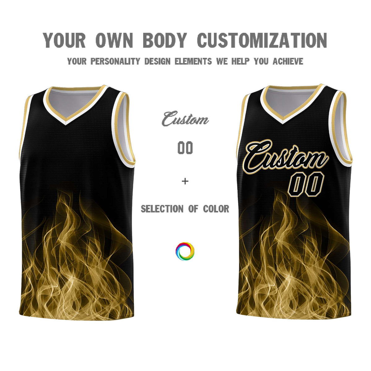 Custom Youth Basketball Jersey Black Old Gold Flame Fire Design Personalized Team Uniform Set
