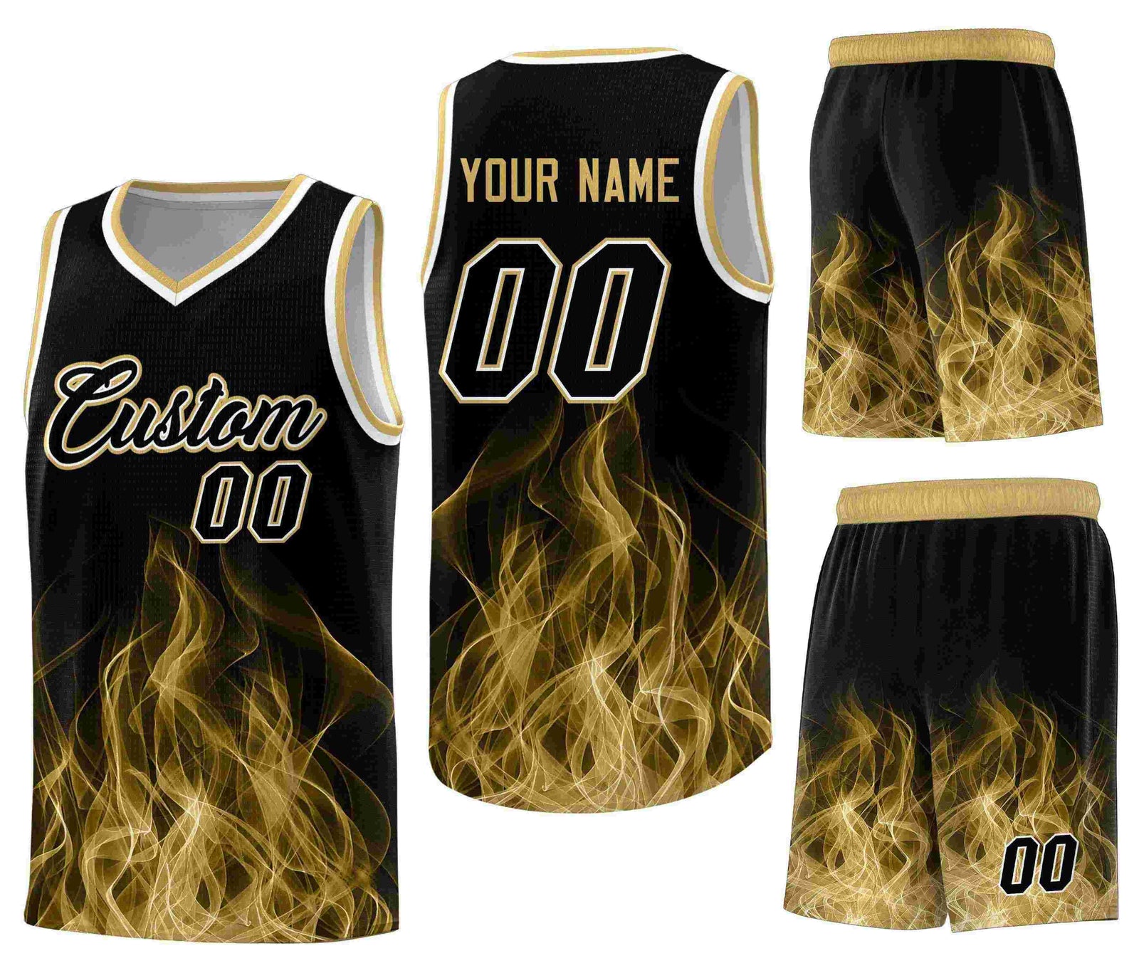 Custom Black Old Gold Flame Graffiti Pattern Wrinkle-Resistant Personalized Uniform Basketball Jersey